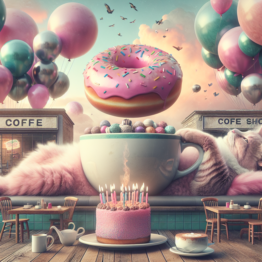 A unique birthday scenario takes place, displaying an oversized cat tinged in hues of cotton-candy pink lazily sprawled over a generic coffee shop, amusingly using its tail to stir an immense coffee cup. In the sky above, an array of balloons float, their surfaces reflecting a surreal, dreamlike atmosphere. Amid all this, a table is prepared, topped with a little birthday cake ornamented with a compact crown of doughnuts, in recognition of popular miniature doughnut treats.
Generated with these themes: Tim Hortons, and Cat.
Made with ❤️ by AI.