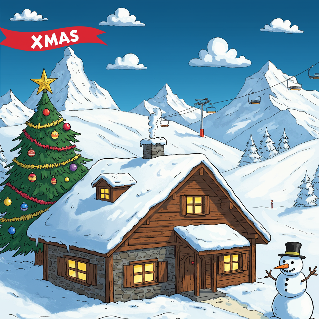 Imagine a whimsical winter wonderland nestled in the Swiss Alps, where an exaggerated, cartoon-style scene bursts with color and quirky details. The focus is a charming, slightly lopsided Swiss chalet, its roof heavily laden with bright white snow that cascades over the edges like frosting on a gingerbread house. The wooden beams and stonework are drawn with thick, playful lines reminiscent of Bill Watterson's style, and the windows glow a warm, inviting yellow, hinting at the cozy interior.

In the foreground, an oversized, exaggerated Christmas tree stands proudly, decorated with a hodgepodge of enormous, colorful baubles in vivid reds, blues, and greens, along with tinsel that sparkles with exaggerated vibrancy. The star atop the tree twinkles with an almost comic brilliance, echoing the cartoonish touch of Charles Schulz.

To the right of the tree, a jolly snowman with an exaggeratedly large carrot nose and stick arms offers a comical salute. His top hat is too small for his oversized head, tipping jauntily to one side.

Above this joyful scene, the sky is a deep, cartoonish azure, punctuated with oversized, fluffy white clouds, as if pulled from the pages of Hergé's Tintin. In the top left corner of the sky, a bright red banner flutters whimsically in the crisp alpine air, emblazoned with the bold, cheerful text "XMAS" in a playful, slightly wonky font reminiscent of R. Crumb’s underground comix style.

In the background, the mighty Alps loom large, their peaks drawn with exaggerated sharpness and capped with thick layers of snow, akin to the dreamlike landscapes of Winsor McCay. A single chairlift with cartoonishly large seats swings gently in the distance, hinting at the slopes beyond.

The entire scene is a vibrant tapestry of exaggerated features and playful details, inviting the viewer into a cartoonish, joyous Christmas in the Alps, with every element bursting with a riot of colors and comic flair.
Generated with these themes: swiss alps chalet in winter with a christmas tree outside.
Made with ❤️ by AI.