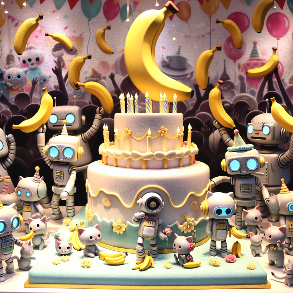 Display a lively birthday celebration featuring soft-colored robots, bananas, and cats in a playful manner. The robots, designed with muted hues, are carrying bananas above their heads, similar to torches. Around them, cats adorned with party accessories are intent upon the fascinating fruit. The backdrop pulses with activity, decked out with balloons and streamers, all rendered in a vibrant cartoon style. The main attraction, a cake decorated with tiny replicas of the robots, cats, and bananas, is all set and ready to be cut and distributed among the lively attendees.
Generated with these themes: Robots, Banana, and Cats.
Made with ❤️ by AI.