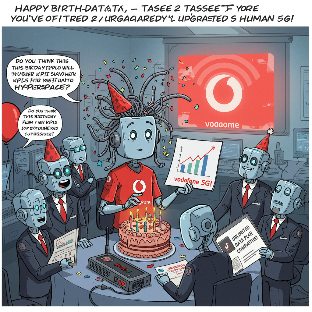 **Prompt:**

At the top of the cartoon image, write: **"Happy Birth-data, Tassee 2 — you’ve officially upgraded to Human 5G!"**

Cartoon-style image: A cheeky, futuristic tech office with humanoid robots in suits crowded around a birthday cake that looks like a giant Wi-Fi router. Tassee 2 is a cartoon character with wires coming out of their head like hair, wearing a Vodafone-branded party hat and holding a sales chart that’s literally exploding with confetti. In the background, a giant red Vodafone logo is projected holographically on the wall. One robot whispers, "Do you think this birthday will push her KPIs into hyperspace?" Another holds a gift-wrapped charging cable labeled “Unlimited Data Plan – Emotionally Compatible.”  

Funny mood, filled with little Easter eggs like robot interns filming a TikTok, and a balloon shaped like a smartphone with 37 missed calls.
Generated with these themes: Technology and sales focus, and Red Vodafone logo.
Made with ❤️ by AI.