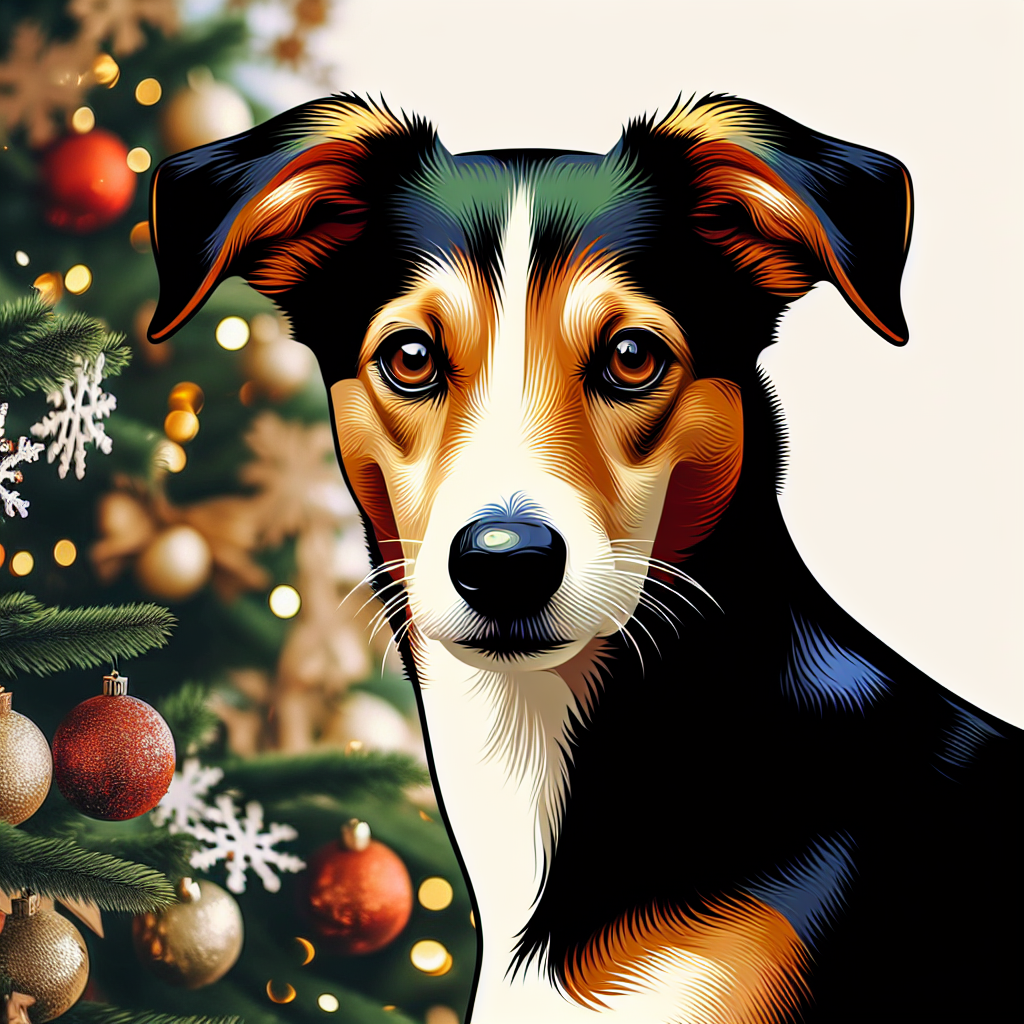 In a joyous Christmas setting, a charming vector illustration features an adult dog of unknown breed. The dog's trim figure is wrapped in a striking tricolor coat of white, black, and tan. Its brown eyes twinkle with the festive spirit that surrounds it.
.
Made with ❤️ by AI.