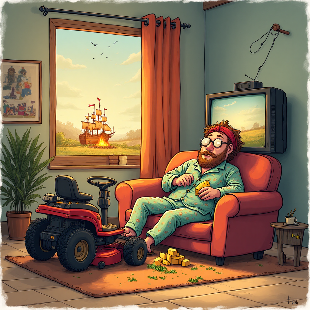 At the top of the Illustration Style image, write: **Happy Father’s Day**

**Scene Description:**

Create a lively and humorous illustration featuring a father character embodying the quintessential dad vibes. Imagine him seated on a comfy sofa in a cozy Danish living room, clad in a Monty Python-themed pajama set and a Rolling Stones bandana. The TV in the room is broadcasting a thrilling sports match, but the father has dozed off, his head slightly tilted back and mouth open, holding a slice of cheese as a snack.

Nearby, a ride-on lawn mower is humorously parked in the living room, its tires sprinkled with grass, as if it was driven inside after a long day of yard work. In the background, through a window, a bonfire is cheerfully crackling away in the backyard, its glow reflecting off the father’s peaceful, slumbering face.

Add a touch of whimsy with a small illustration of a tiny Viking ship, symbolizing Denmark, sailing across the TV screen as if part of the sports broadcast. A playful caption under the image reads: "Dreaming of Adventure While Catching Some Z's!" 

The warm, expressive color palette with hand-drawn fine linework and textured brush strokes brings this humorous scene to life, making it a delightful Father’s Day card cover.
Generated with these themes: Watching sport on tv, falling asleep on sofa, Monty python, Rolling Stones, cheese, ride on lawn mower, lighting bonfires, Denmark,, and .
Made with ❤️ by AI.