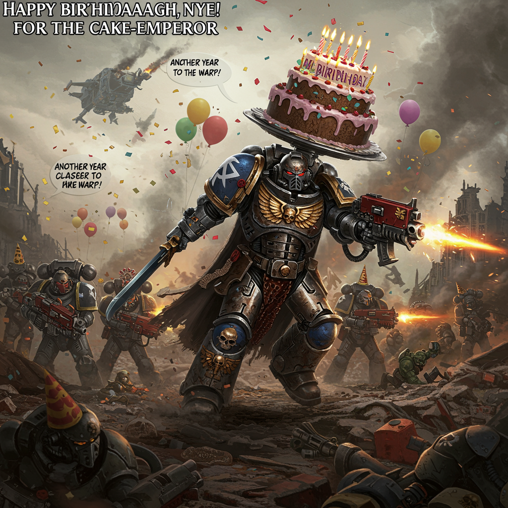 **Prompt:**  
At the top of the realistic photograph image, "Happy BirthdAAAAGH, Nye! FOR THE CAKE-EMPEROR!"  

A highly detailed, realistic photo-style image of a dramatic Warhammer 40k battlefield. Front and center is a towering, heavily armored Space Marine in mid-battle, charging heroically through smoke and rubble—not with a chainsword, but wielding a massive, ridiculously decorated birthday cake like a holy relic. Confetti blasts from a bolter cannon, and candles sparkle like battlefield flares. Behind him, fellow Space Marines look confused but supportive, while enemy forces (Orks in party hats) flee in comedic terror. Balloons float among debris, and in the sky, a dropship airbrushes “Another year closer to the Warp!” in smoke. The entire scene has the hyper-realistic lighting and composition of a gritty war photo—if the war was fought for control of birthday desserts.
Generated with these themes: Warhammer battle scene with space marine, and .
Made with ❤️ by AI.