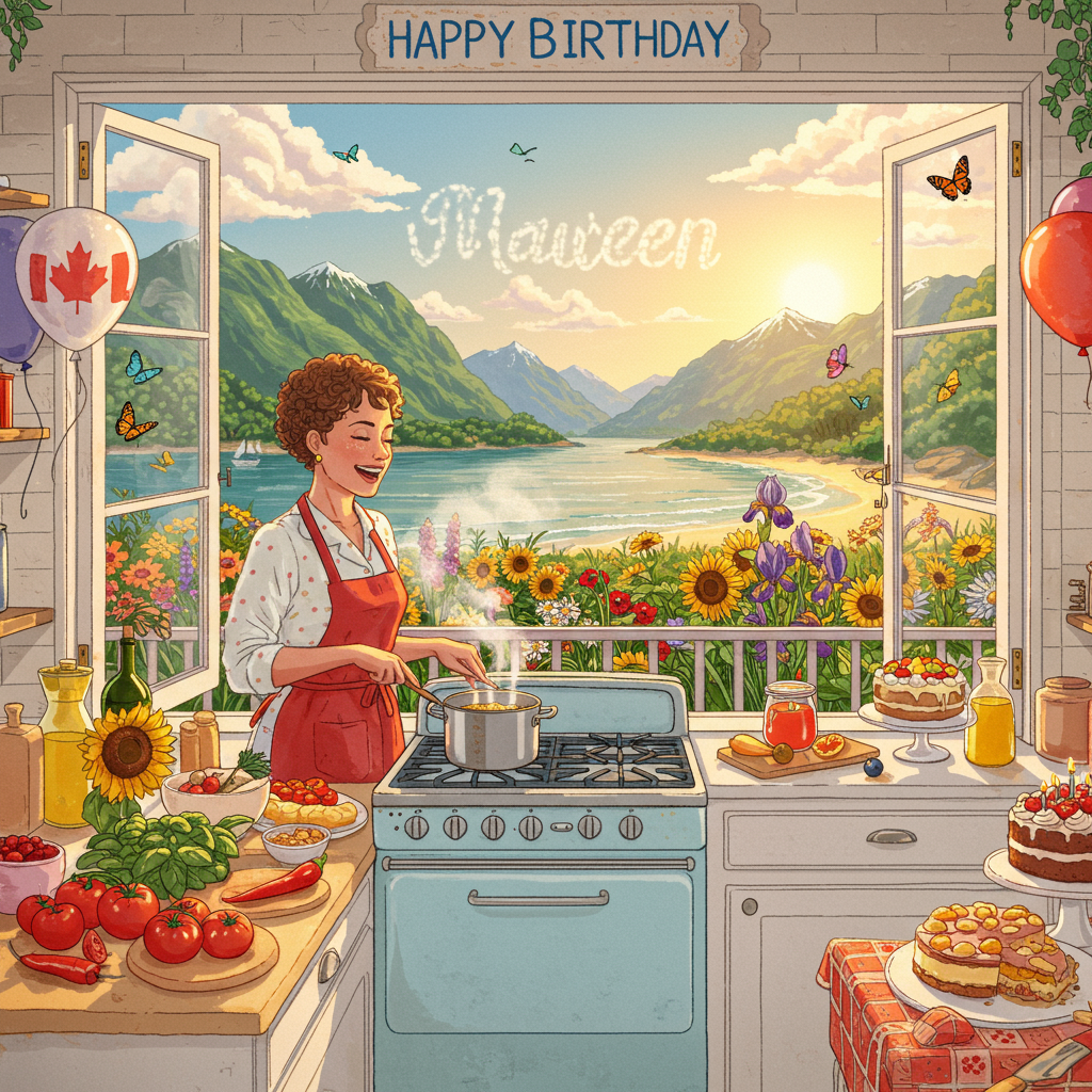 On the front of the birthday greeting card, a panoramic scene unfolds, seamlessly blending the requested themes. 

In the foreground, a bright, sunlit kitchen is depicted with pristine white countertops. A lady with short, curly hair wearing a red apron is joyfully cooking at a vintage, pastel blue stove. Her countertop is adorned with an array of vibrant ingredients: ripe red tomatoes, vivid green basil leaves, and golden pasta strands. A sleek silver pot bubbles energetically on the stovetop, releasing aromatic steam that curls upwards.

Beyond the kitchen, through a wide-open window, an expansive view of both majestic mountains and a serene beach is visible. The mountains, painted in shades of deep greens and blues, are dusted with a touch of snow on their peaks. The beach, kissed by gentle waves, boasts soft golden sands that stretch to meet the horizon.

Dotting the landscape outside the window, a colorful garden flourishes. A rainbow of flowers—brilliant yellow sunflowers, deep purple irises, and delicate pink peonies—burst into view. Among the blooms, butterflies in intricate patterns of blues, oranges, and blacks flit playfully, their wings catching the sunlight.

To tie in the Canadian theme, a small, red-and-white Canadian flag is subtly placed on a decorative cake sitting on a kitchen table to the side. The cake is layered with creamy frosting and topped with sugared fruit. 

In the sky above the scene, fluffy clouds drift lazily, and one cloud has formed the shape of the name "Maureen," crafted in wispy, white letters, as though brushed by an artist's hand. The sun hangs bright and warm, casting a golden hue over the entire scene, tying together the vibrant, lifelike details.
Generated with these themes: Mountains, Beach, Flowers, Butterflies, Canada, Lady, Cooking, Kitchen, Sunshine, and .
Made with ❤️ by AI.