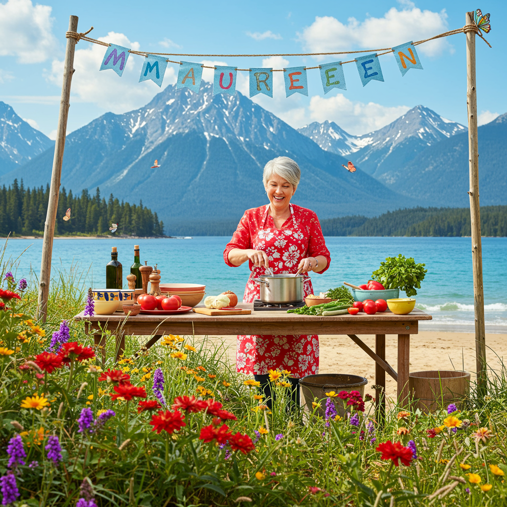 The scene is a vibrant tableau, perfectly marrying nature and domesticity. At the forefront, a beach stretches out with golden sand that meets a crystal-clear ocean, where gentle waves lap against the shore. In the distance, the majestic peaks of Canadian Rockies rise dramatically, capped with pure white snow, contrasting with the lush green slopes beneath.

In the foreground, a vibrant patch of wildflowers bursts with color: vivid reds, yellows, and purples. Amongst these blooms, several intricately detailed butterflies with iridescent wings flit gracefully, their colors reflecting in the warm sunshine that bathes the entire scene.

Nestled against this picturesque backdrop is an open-air kitchen set on the beach. A rustic wooden table is laden with cooking paraphernalia, including a gleaming stainless steel pot, a set of colorful ceramic bowls, and a stack of fresh ingredients like red tomatoes, green bell peppers, and sprigs of fresh herbs.

Standing at the table is a lady with short, stylishly silver hair, wearing a bright red apron with white floral patterns. She's joyfully stirring a pot, her movements caught mid-action as she prepares a delightful dish. Her presence is both inviting and central to the scene.

Above her, strung between two wooden poles, flutters a cheerful banner. Written in bold, friendly letters is the name "Maureen," painted in sky blue with each letter adorned by a small, whimsical butterfly resting atop them.

The sky is a bright, clear azure with only a few fluffy white clouds scattered across it, allowing the sunlight to illuminate every element of the scene, casting gentle shadows that add depth to the lifelike details of the photograph-style illustration.
Generated with these themes: Mountains, Beach, Flowers, Butterflies, Canada, Lady, Cooking, Kitchen, Sunshine, and .
Made with ❤️ by AI.