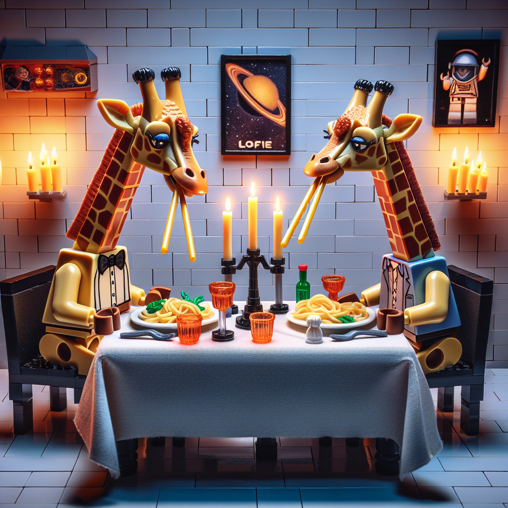 A giraffe and its partner, both charismatic animals, sit at a candlelit table, immersed in a shared humorous moment as they try to twirl pasta using breadsticks as makeshift chopsticks. The scene takes place within the intimate confines of a room constructed from Lego bricks, the space orchestrated in a delightful mix of romance and whimsy. A dinner setup with decadent food arrangements enhances the atmosphere, and interesting wall decor adds character to the room, boasting a selection of memorabilia inspired by popular space-travel movies. This endearing couple is seen commemorating their anniversary, their surrounding space radiating with laughter and the pleasurable silliness of their unique dining experience.
Generated with these themes: Giraffe, Bread, Pasta, Star wars, and Lego.
Made with ❤️ by AI.