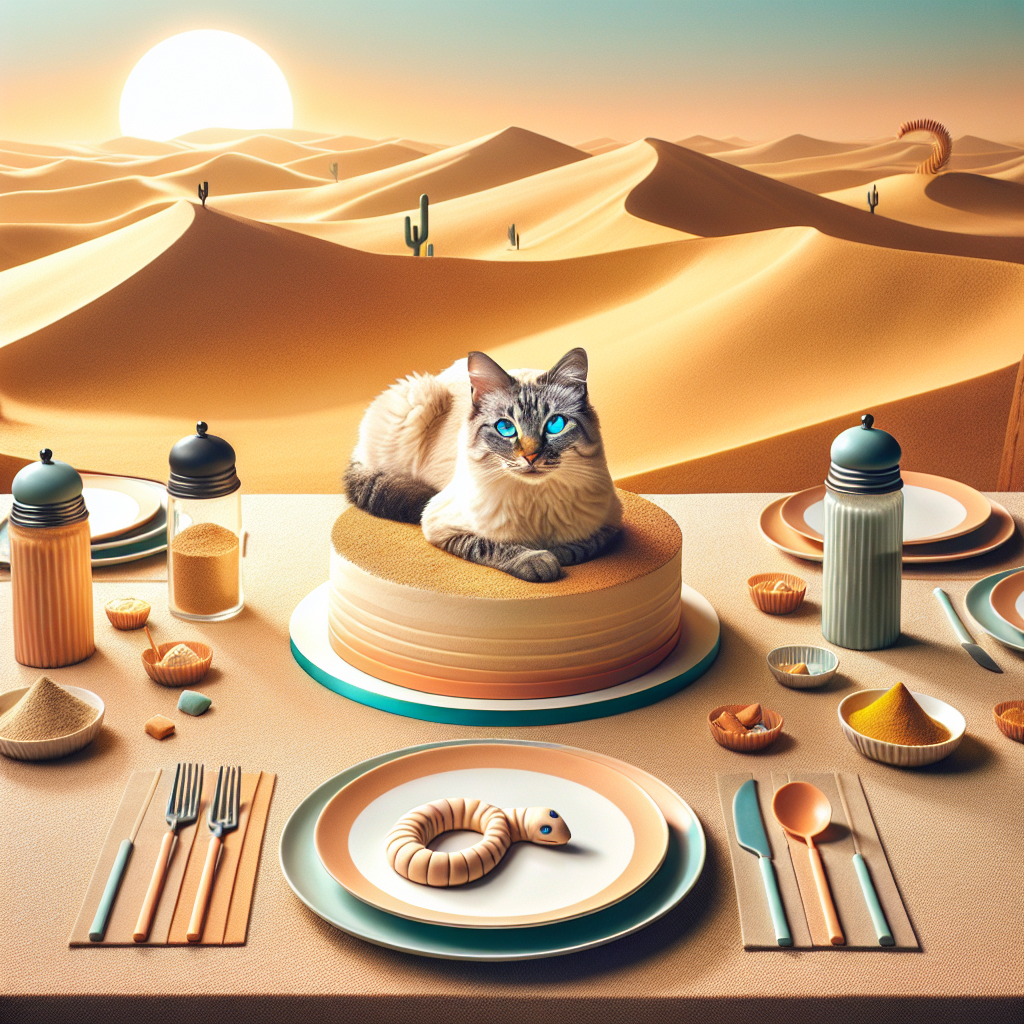 A birthday scene is set against the warm, sun-drenched landscape of a desert, reminiscent of the sand dunes in popular science fiction settings. Resting atop a cake shaped like a sand dune is a realistic tabby cat with striking blue eyes, a color that brings to mind the vivid gaze of desert dwellers in fiction. Small decorations shaped like spice shakers are scattered across the tabletop. Each dinner plate features a minimalist design of a sandworm, a creature often associated with desert themes in science fiction. The color scheme of the scene rings with beige, orange, and sky blue tones, intensifying the surreal, yet charming ambiance of the setting.
Generated with these themes: Dune film tabby cat.
Made with ❤️ by AI.