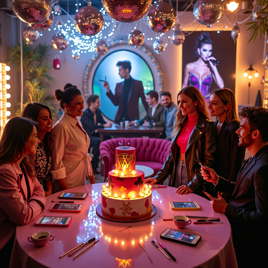 Picture a vibrant, bustling birthday party set in a trendy urban loft, where every corner oozes style and exuberance. In the center of the scene, a grand, high-gloss table is the focal point. On it, a luxurious cake in the shape of a designer handbag sits proudly, its edible metallic logo shimmering under the dim, ambient lighting. Around the table, a diverse group of friends, dressed to the nines in fashionable outfits, are engaged in lively conversation. Each outfit is a kaleidoscope of colors and textures—leather jackets, sequined dresses, and tailored suits. 

On one side of the table, a stack of iPhones, each with a different colored case, creates a playful tower, like a modern-day totem pole. The phones, showing off customized wallpapers featuring pop icons like Beyoncé and Harry Styles, are buzzing with notifications and playlist recommendations. 

To the left of the table, there's a quirky make-up station with an ornate vanity mirror surrounded by lightbulbs. The mirror reflects an array of high-end make-up products: eyeshadow palettes in bold colors, shimmering lipsticks, and brushes arranged neatly. A partygoer, mid-makeover, is caught applying a dramatic cat-eye while striking a pose reminiscent of a pop star in a music video. 

Across the room, a plush velvet sofa sits under a gigantic poster of a fictional pop star, who is mid-dance move with a microphone in hand, seemingly serenading the partygoers. Scattered around the sofa are designer handbags in every shape and size, casually placed as if in an impromptu showroom. 

Overhead, glittering disco balls and fairy lights create a kaleidoscope of reflections that dance across the walls, making the whole scene shimmer like a fabulous pop music video. The entire loft is a harmonious blend of style and celebration, telling the story of a birthday bash where fashion, technology, and music collide in a spectacularly quirky way.
Generated with these themes: Make-up , Fasion, Designer handbags, IPhones , and Pop music.
Made with ❤️ by AI.