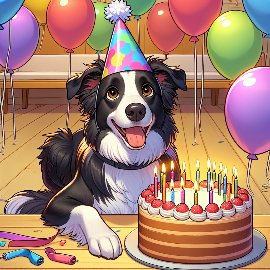 Generate a cartoon image depicting a content scene. A Border Collie with a shiny black coat adorned with white markings is sitting excitedly in the midst of a festive birthday setting. The dog is wearing a party hat on its head, and colorful balloons float happily around it. With its brown eyes full of eager anticipation, it is facing a lit birthday cake brimming with candles, awaiting the celebratory wish.
.
Made with ❤️ by AI.