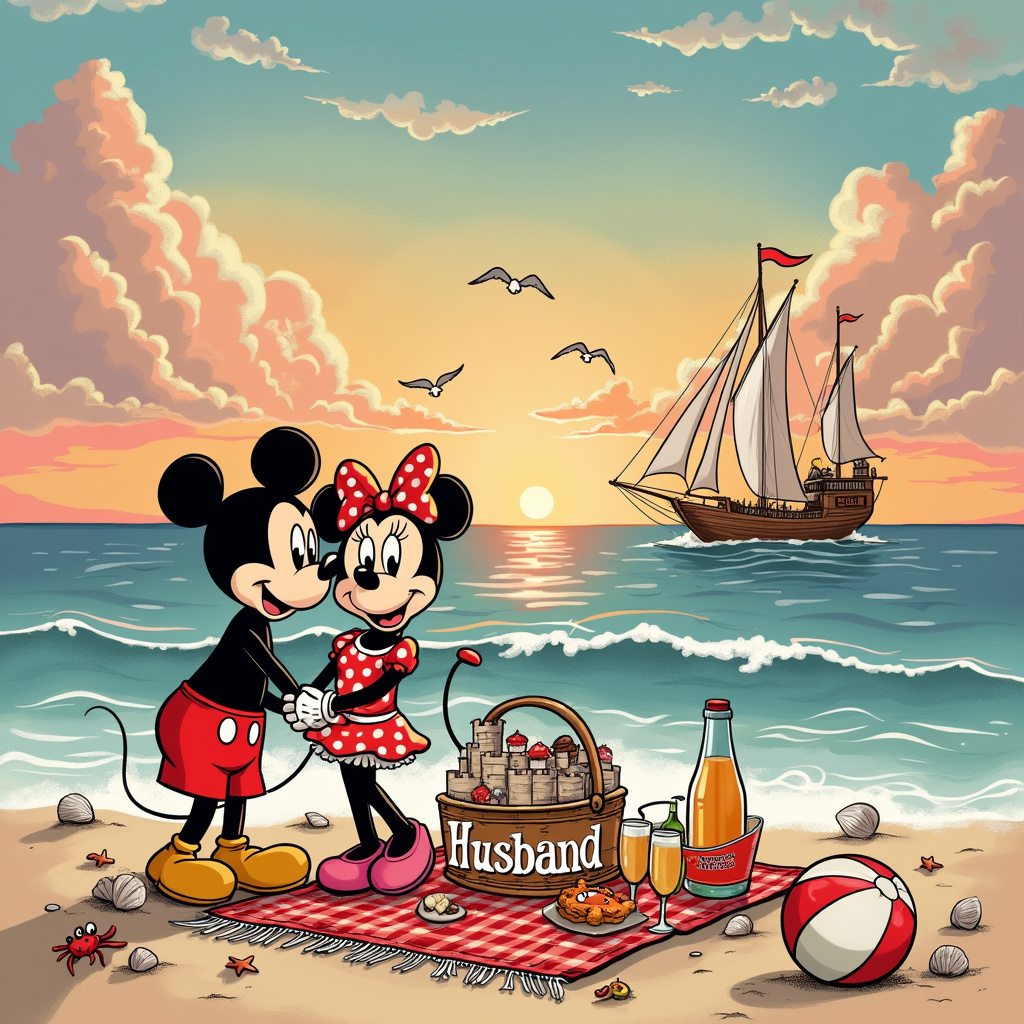 Picture a charming beach setting under a brilliant, pastel sunset, blending the whimsical worlds of Disney and classic comic artistry. In the foreground, a couple inspired by Disney's iconic characters, perhaps resembling Mickey and Minnie, are holding hands and gazing lovingly at each other. They're dressed in retro beachwear—Mickey in red swim trunks with white buttons and Minnie in a vintage polka-dotted swimsuit, complete with a big bow on her head.

In the background, the waves gently lap at the shore, where seashells and starfish dot the sand. A sandcastle, meticulously crafted to resemble Cinderella's Castle, stands proudly with a small flag on top. The flag whimsically spells out "Husband" in a delightful Disney-inspired font.

Off to the side, on a colorful beach towel, sits a picnic basket overflowing with treats, like a red and white checkered blanket straight from a Gary Larson cartoon. A bottle of sparkling juice and two glasses are ready for a toast. Near the basket, a beach ball painted with bold Calvin and Hobbes-like stripes and a bucket with a tiny crab peeking out are scattered, adding playful elements to the scene.

In the sky, fluffy clouds, reminiscent of those in Peanuts, float by, and seagulls glide overhead in V-formation, almost like something out of a Will Eisner graphic novel. The sun is setting in hues of orange, pink, and lavender, casting a magical glow on the entire scene. Among the clouds, there are subtle but clear formations that spell out "Husband" once again, giving it a dreamy, fairy-tale feel.

On the horizon, a boat resembling Tintin's famous ship, the Unicorn, sails calmly, its sails flapping in the gentle breeze. The boat's name, "Anniversary," is clearly visible, celebrating the special day.

This scene captures a delightful mix of nostalgia, romance, and whimsical fantasy, perfect for an anniversary card that tells a vivid and enchanting story.
Generated with these themes: Beach, Holding hands, and Disney .
Made with ❤️ by AI.