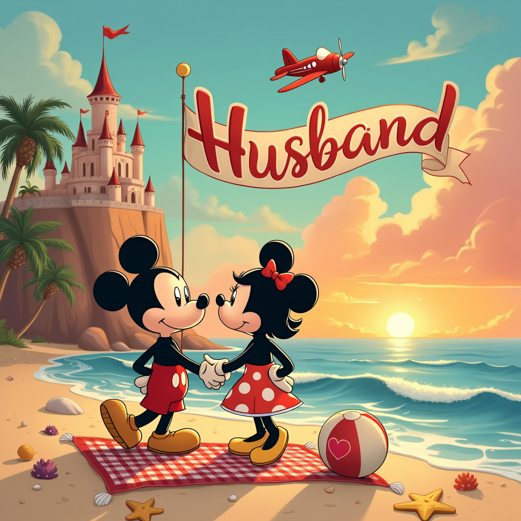 Picture a vibrant and whimsical beach scene at sunset, bathed in a soft orange and pink glow reminiscent of a classic Disney fairytale. On the left side of the image, a Disney-esque castle with turrets and flags stands proudly on a cliff overlooking the beach, adding a touch of magic and grandeur. 

On the sandy shore, a charming couple inspired by Charles Schulz's "Peanuts" characters, with simple yet expressive features, hold hands. They are Mickey and Minnie-like figures, complete with large, round ears and bright, cheery outfits. They are barefoot, with their toes playfully sinking into the sand, surrounded by small seashells and starfish drawn in the detail-oriented style of Hergé’s "Tintin".

In the sky, floating whimsical clouds spell out the word "Husband" in elegant, swirling letters, inspired by the imaginative and dreamy nature of Winsor McCay's "Little Nemo in Slumberland". Above them, a small cartoon airplane tows a banner that reads "Happy Anniversary", fluttering gracefully in the wind, paying homage to Gary Larson’s subtle humor in "The Far Side".

To the right of the couple, a friendly, anthropomorphic beach ball with eyes and a smile, resembling the endearing characters of Osamu Tezuka’s "Astro Boy", sits next to a picnic blanket. On the blanket, there's a heart-shaped cake decorated with sea-themed elements like coral and fish, adding a touch of Bill Watterson’s imaginative detail seen in "Calvin and Hobbes".

Behind the couple, gentle waves created in the expressive style of Will Eisner’s graphic novels lap at the shore, while a row of palm trees sways gently in the breeze. One of the palm trees has a carved heart with the initials of the couple inside, giving a nod to the underground comix influence of R. Crumb.

The scene is framed by a decorative border of playful sea creatures like crabs and seahorses, reminiscent of the intricate storytelling in Art Spiegelman’s "Maus". This scene, bursting with creativity and details, perfectly captures the themes of the beach, holding hands, and Disney, all while celebrating the special bond with "Husband".
Generated with these themes: Beach, Holding hands, and Disney .
Made with ❤️ by AI.