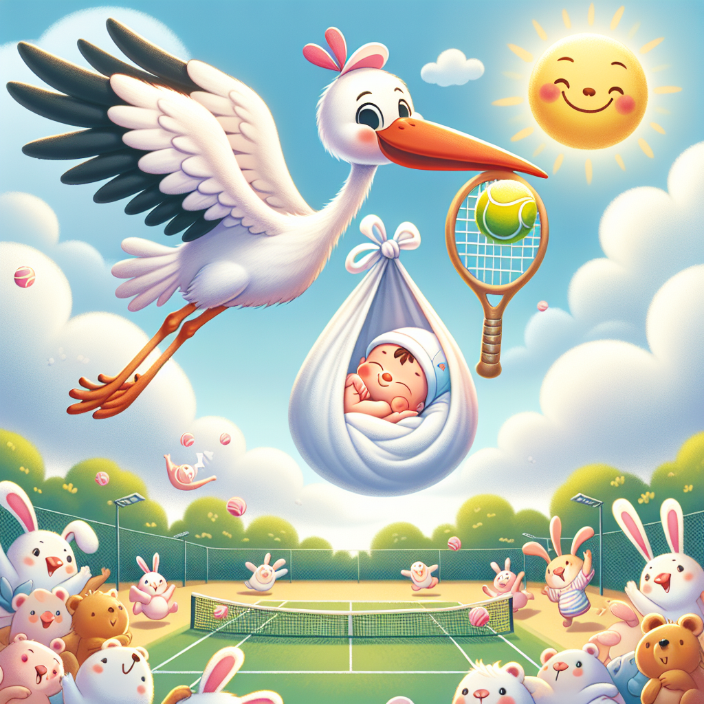 Create a lively and joyful illustration featuring a whimsical stork in mid-flight, delicately holding a classic white bundle in its beak. Within the bundle is a cute newborn who is peacefully sleeping and gently grasping a mini tennis racket in one hand. Surrounding this scene is a sky filled with soft pastel-colored clouds as well as a grinning sun casting its radiant warmth on the backdrop of a tennis court. The scene is full of enthusiastic animal spectators like rabbits and teddy bears, each with mini tennis balls near their feet, expressing their happiness and welcoming the new arrival.
Generated with these themes: Tennis.
Made with ❤️ by AI.