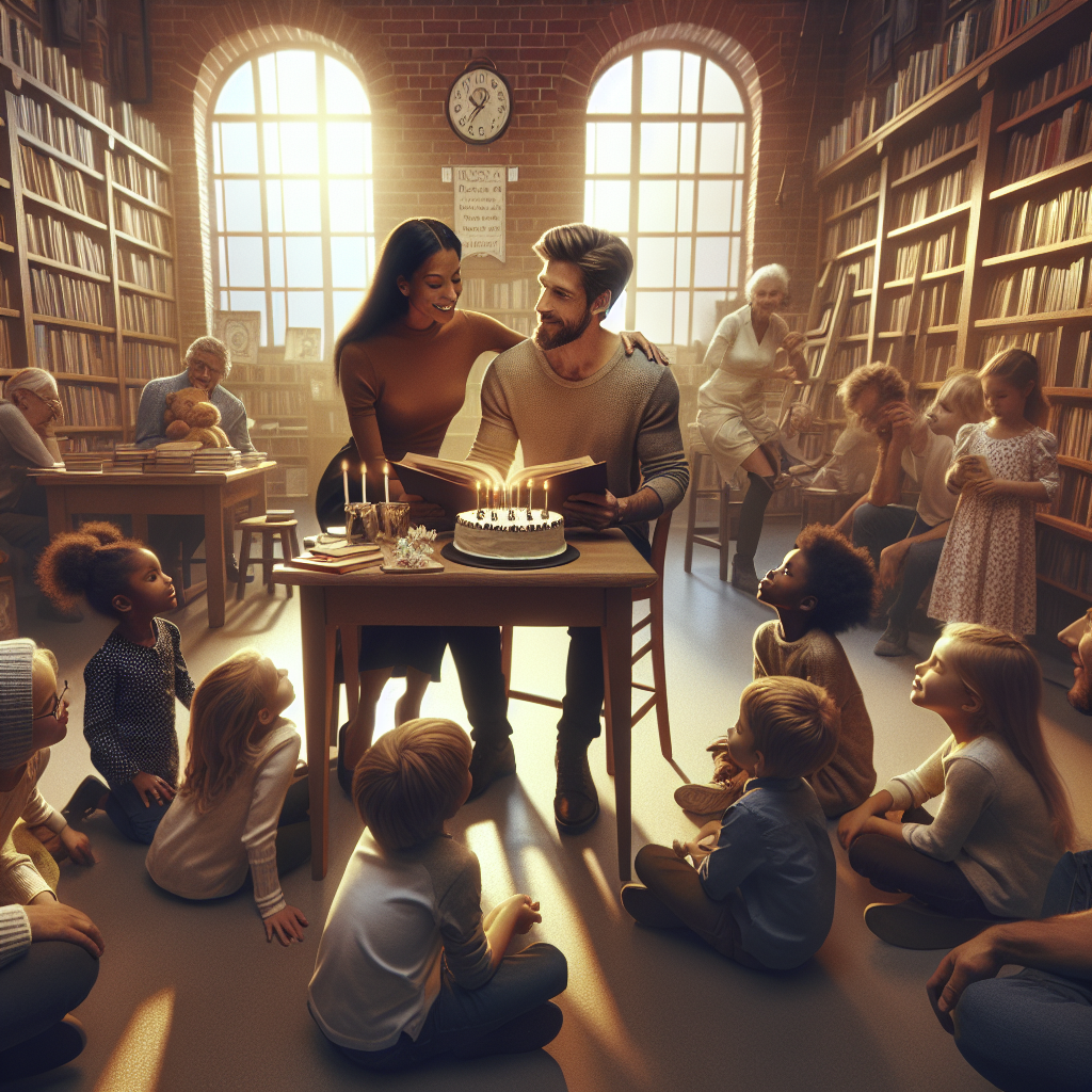 Create an image that captures a delightful scene in a warm and comfortable library. In this spot, a Caucasian man and a Black woman are actively engaged in reading a story to a group of children - a mix of White, Hispanic, and Middle-Eastern boys and girls. In the middle of everyone, there's a small celebration cake resting on a table which is decorated with a book-shaped topper - signifying an anniversary. The room is bathed in soft, inviting light, and the shelves are packed with a multitude of books, showing the intimacy of a love story interwoven with the bliss of childhood and storytelling.
Generated with these themes: Books, and Children.
Made with ❤️ by AI.