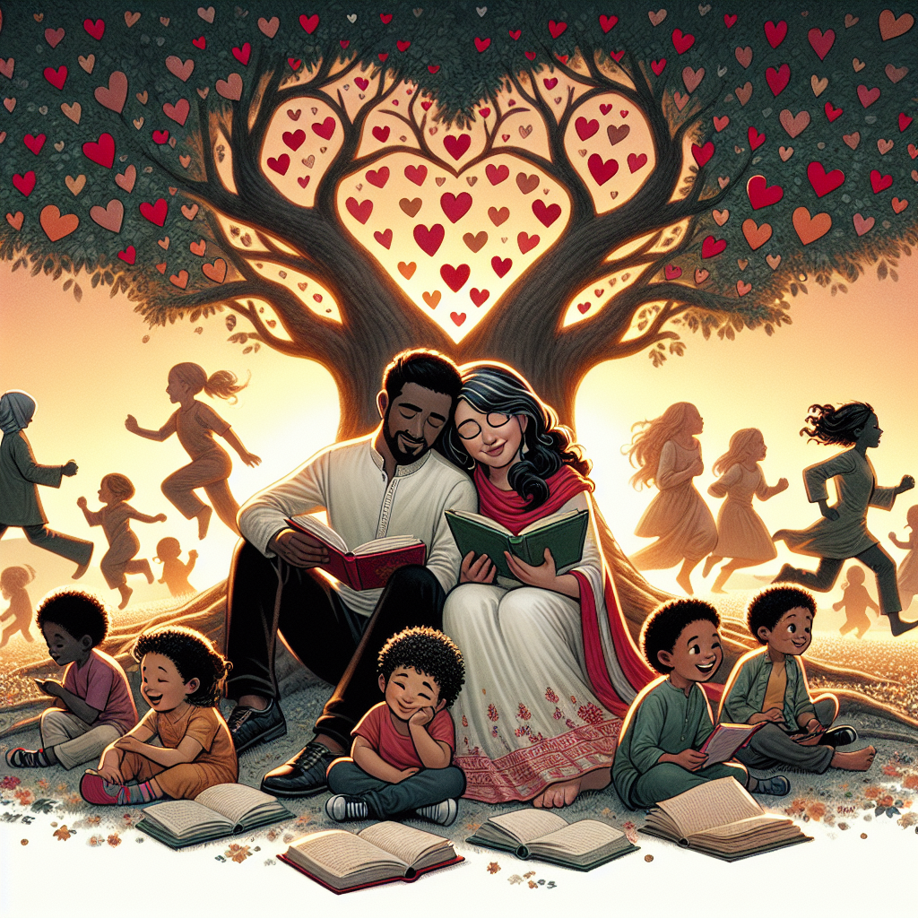 A deeply affectionate illustration of a diverse couple, one South Asian man and one Caucasian woman, sitting under a large tree with heart-shaped leaves, deeply engrossed in their books. Around them, a group of playful children of different genders and descents, including Black, Hispanic, and Middle-Eastern, are joyfully running and frolicking. The scene takes place during sundown, and the setting sun casts a warm golden light over the entire scenario, enhancing the feeling of love and warmth, subtly symbolizing the shared anniversary of the reading couple.
Generated with these themes: Books, and Children.
Made with ❤️ by AI.