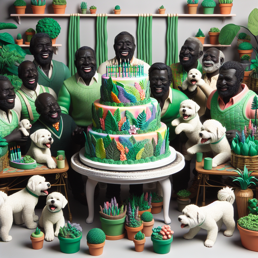 A whimsical birthday scene featuring a group of cheerful black men huddled around a grand, colorful matcha birthday cake. The cake boasts detailed icing patterns resembling the abundant green plants peppered throughout the setting. Frolicking amongst the men are endearing snowy-white dogs with bushy fur and lively eyes, contributing to the merriment. The backdrop is decked with potted plants of diverse shapes and sizes, adding to the natural and festive spirit of the birthday bash.
Generated with these themes: Black men, Matcha, Plants, and Crusty white dogs .
Made with ❤️ by AI.