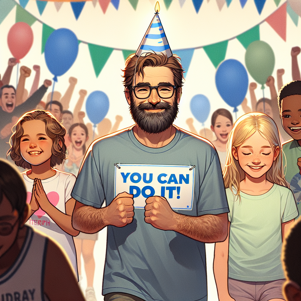 Generate an image depicting a heartwarming charity walk scene set against a birthday theme. In the center, a Caucasian man with brown hair, a beard, and glasses is walking determinedly. He is surrounded by a diverse, cheering crowd, adding to the buoyant atmosphere. In the foreground, a 10-year-old blonde Caucasian girl and an 8-year-old blonde Caucasian boy beam with pride while holding a banner that reads 'You can do it!', providing an added layer of personal support to the charity scene.
Generated with these themes: Man with brown hair, beard and glasses. He is doing a charity walk with people cheering him on. A 10 year old blonde girl and 8 year old blonde boy are holding a banner saying "you can do it!"..
Made with ❤️ by AI.