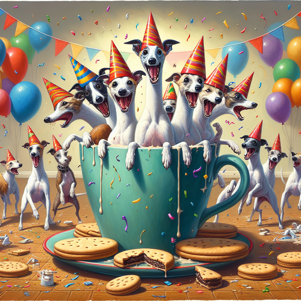 A lively birthday-themed illustration filled with humor displaying a group of joyful whippets sporting party hats. They are huddled around a giant coffee mug instead of a cake. The air is filled with balloons and confetti. One of the dogs humorously howls in sync with an unseen melody. Around the mug, multiple biscuits, some half-dunked, add to the playful mess. The scene brings to life a carnival-like atmosphere within an indoor setting.
Generated with these themes: Whippets, Nick cave, Coffee, and Biscuits.
Made with ❤️ by AI.