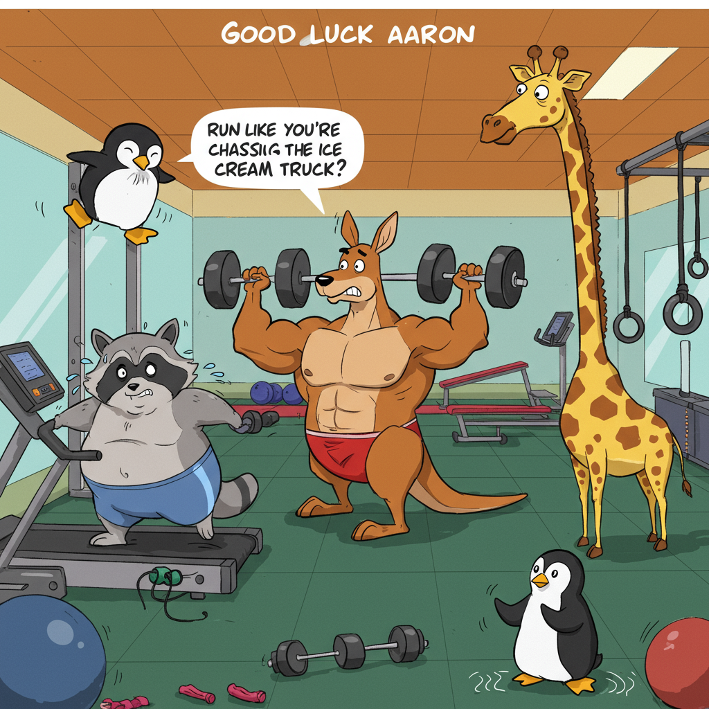 At the top of the Cartoon Style image, place the text: "Good luck Aaron".

**Image Description:**

A vibrant and playful cartoon gym scene bursting with exaggerated characters. In the center, a comically muscular kangaroo is lifting weights with ease, its face showing an exaggeratedly confident expression. To the left, a chubby, cheerful raccoon is on a treadmill, struggling comically, with sweat drops flying and a hilariously determined look on its face. To the right, a giraffe is bending down, its long neck making yoga poses look awkwardly humorous. In the background, you can see a penguin attempting jumping jacks, its tiny flippers adding to the comical struggle. The gym is filled with bright colors and whimsical gym equipment that looks almost like toys. Add a cheeky speech bubble from the raccoon saying, "Run like you're chasing the ice cream truck!"
Generated with these themes: Fitness, and .
Made with ❤️ by AI.