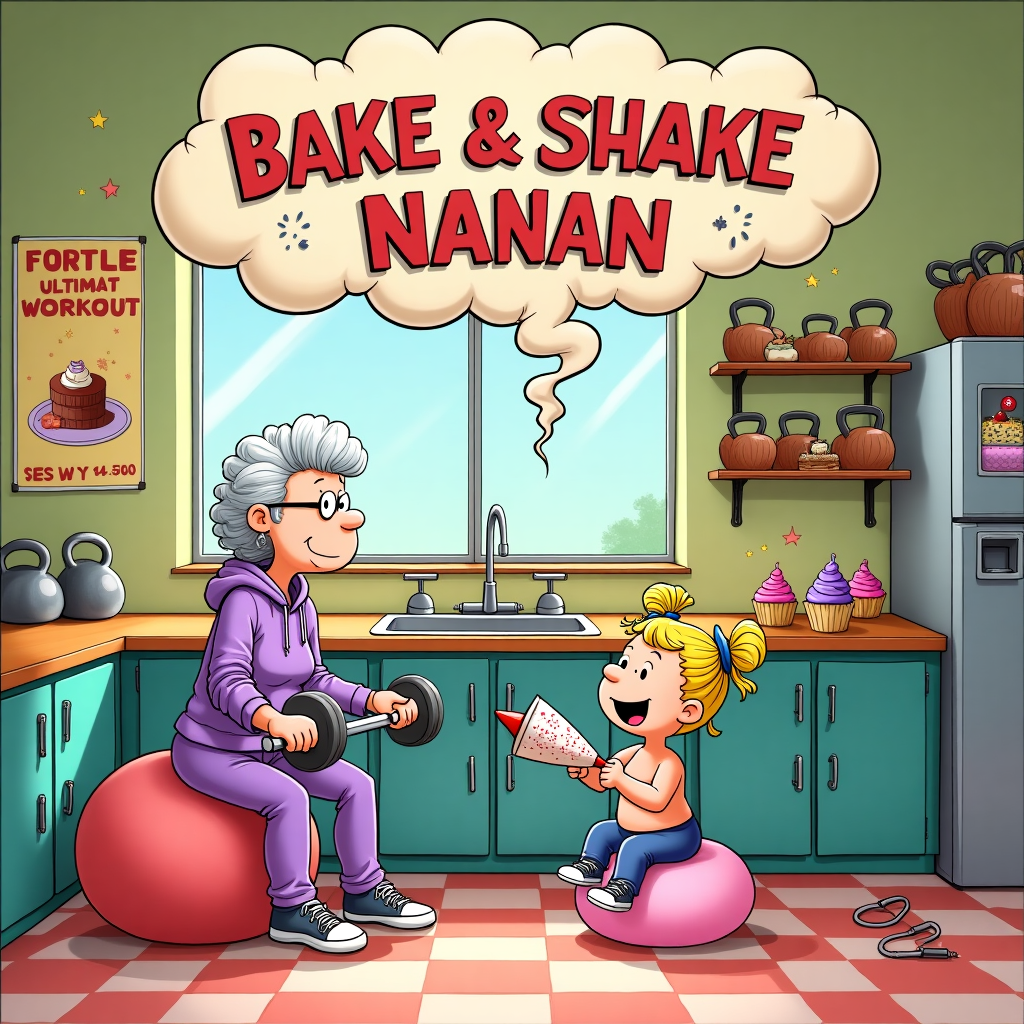 In the bustling foreground of this whimsical birthday card, we find a lively scene unfolding at the center of a vibrant kitchen-gym hybrid space. On the left, a sprightly Grandma with silver curls and a twinkle in her eye, reminiscent of a character from Schulz's Peanuts, is dressed in her finest athleisure—comfy lavender yoga pants and a matching hoodie. She is lifting a dumbbell with one hand, while the other expertly whisks a bowl of cake batter, embodying an energetic multitasker. Beside her, a blonde baby girl with big, curious eyes and two perky pigtails, channels a Disney-esque charm, perched on a fluffy pink exercise ball. She's joyously squeezing a frosting bag, adorably decorating cupcakes with vivid swirls of color.

The gym aspect comes alive with comically oversized barbells adorned with donuts instead of weights, a cheeky nod to the card's baking theme. A line of neatly arranged cupcakes with dumbbell toppers lines the counter, each one more imaginative than the last. Above this scene, an ornate banner in the form of a cloud spells out "Happy Birthday Nanan" in fluffy, cartoonish letters that seem to float gently in the air. Inspired by Bill Watterson, the letters dance with a sense of whimsy, adorned with tiny stars and sprinkles.

In the background, bright and colorful posters, a la Hergé's Tintin adventures, advertise "Bake & Shake: The Ultimate Workout," adding a layer of humorous narrative. The floor is a playful checkerboard pattern, divided equally into gym mats and a kitchen linoleum design. A nearby kitchen shelf is stacked with gleaming kettlebells and various baking molds, merging the two themes seamlessly. The windows let in streams of sunshine, creating a vibrant contrast against the pastel walls decorated with cartoonish, R. Crumb-inspired rolling pins and jump ropes. This quirky and imaginative scene promises a delightful and humorous birthday greeting, celebrating Nanan's special day with a unique twist!
Generated with these themes: Grandma, Baby girl blonde, Gym, and Baking.
Made with ❤️ by AI.