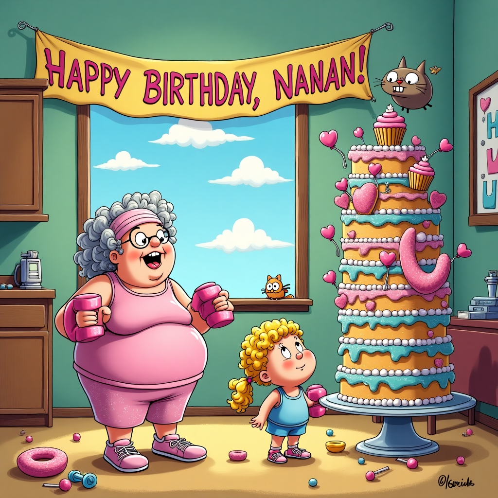 The scene is set in a whimsically chaotic living room, bursting with vibrant colors and humorous details, inspired by a blend of Schulz's warmth and Larson's playful absurdity. In the foreground, a lively, plump Grandma is enthusiastically lifting tiny pink dumbbells, donned in a headband and a pastel-colored gym outfit with sparkles that catch the light, reminiscent of a retro aerobics video. Her silver hair is styled in bouncy curls that add a touch of flair to her athletic endeavors. Beside her, on the plush carpet, a curious baby girl with sunny blonde pigtails is attempting to mimic her moves, comically struggling to lift a plush doughnut-shaped weight.

In the background, there's a kitchen nook where a towering cake precariously stands, iced in bright layers of blues, pinks, and yellows. It's topped with miniature figurines of Grandma and the baby girl, surrounded by fondant gym equipment like tiny barbells and yoga mats. On the wall behind the cake, a banner stretches across the scene, reading "Happy Birthday, Nanan!" in bubbly, cartoonish letters with the "Nanan" part whimsically intertwined with a jumble of heart-shaped balloons floating towards the ceiling.

Above, a mischievous cat, resembling something straight out of a Gary Larson panel, peeks from behind a cabinet with a stolen cupcake in its mouth. Adding to the comic chaos, a chubby bird with comically large eyes sits atop the cake, eyeing the scene with an air of avian judgement. The scene is tied together by a sky-blue backdrop visible through a large window, where fluffy clouds spell out "Nanan" in a playful twist of fate, ensuring her name graces the card in a delightful surprise. This cartoonish tableau captures a lively birthday celebration full of unexpected humor and charm, promising laughter and joy to all who see it.
Generated with these themes: Grandma, Baby girl blonde, Gym, and Baking.
Made with ❤️ by AI.