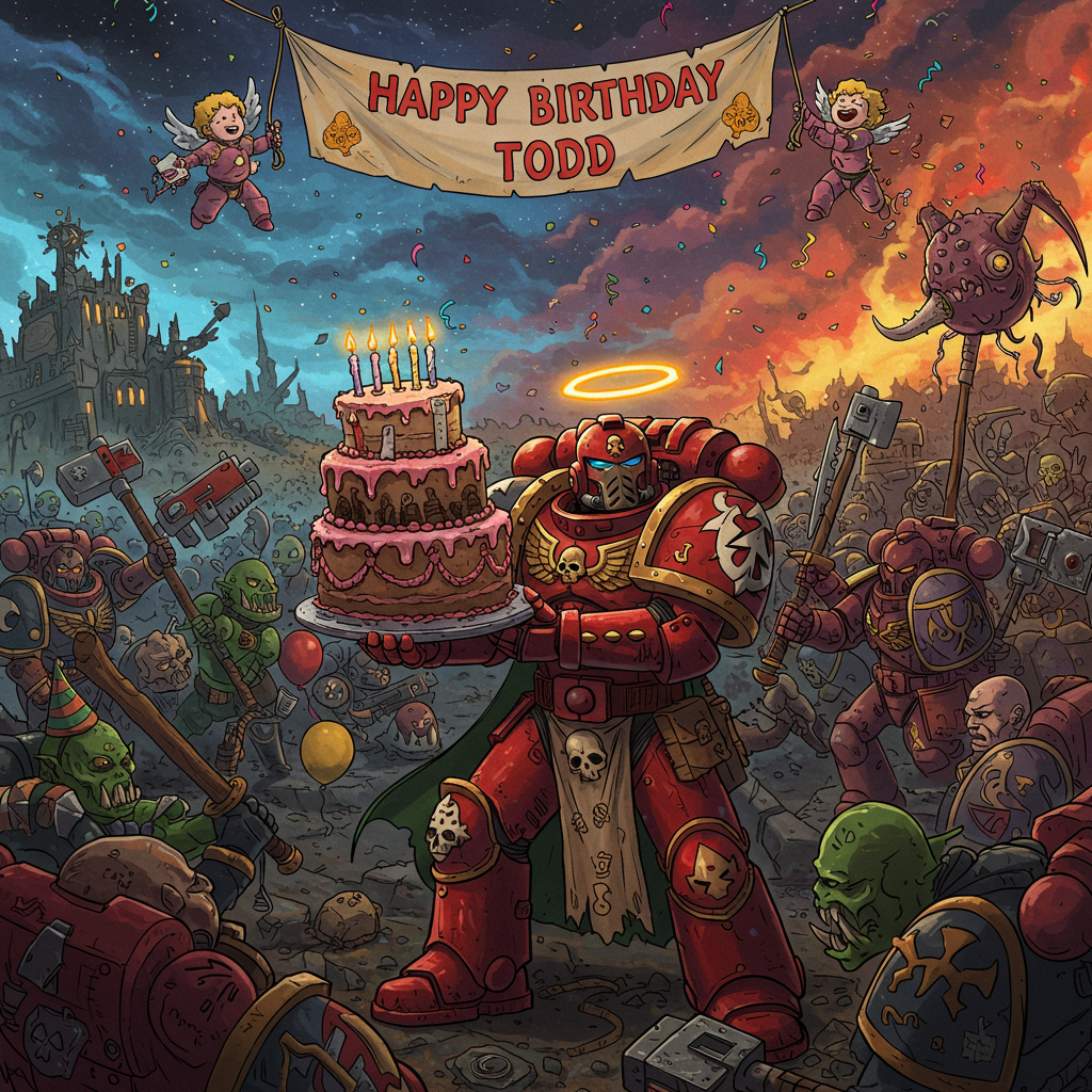 **Front Cover Description:**

In the foreground of the card, a colorful and exaggerated cartoon scene unfolds. Picture a lively birthday party on the battlefields of Warhammer, where the Blood Angels are celebrating a comrade named Todd. The central figure is a cartoonish Blood Angel, donned in exaggerated, oversized red armor that gleams with playful highlights and a comically oversized halo floating above his head.

He’s holding an enormous, multi-tiered birthday cake, each layer decorated with intricate gothic designs and tiny battle scenes. The cake is topped with blazing candles in the shape of the number "5" (for a humorous twist, suggesting Todd's fifth century of life).

In the background, a vast, cosmic battlefield stretches out. On one side, cartoonishly ferocious, brightly colored orks, with enormous, over-the-top weapons, are in the midst of clumsy antics, slipping on scattered birthday balloons and tangled in streamers. Their exaggerated expressions convey surprise and confusion.

Floating above the scene, a banner unfurls across the sky with "Happy Birthday Todd" written in playful, bold comic book-style letters, with little cherub-like Blood Angels playfully hanging from the edges of the banner, their wings fluttering with humorous clumsiness.

The sky is a swirling mix of deep blues and fiery reds, like a cosmic party light show, with comically oversized stars that resemble confetti raining down. In the distance, the silhouette of a massive, exaggerated Space Marine fortress can be seen, decorated with oversized party hats and bunting.

To the side, a comically large, colorful piñata shaped like a Tyranid hangs from a pole, with a group of animated, childlike Blood Angels taking swings at it with cartoonishly oversized hammers and bolters, their faces frozen in gleeful determination.

**Color Palette:**
- Vibrant reds and golds for the Blood Angels’ armor and decorations.
- Bright greens, purples, and yellows for the orks and party decorations.
- Deep blues and reds in the sky for a cosmic feel.
- White and pastel colors for the cake, adding contrast and focus.
Generated with these themes: Blood angels war hammee.
Made with ❤️ by AI.
