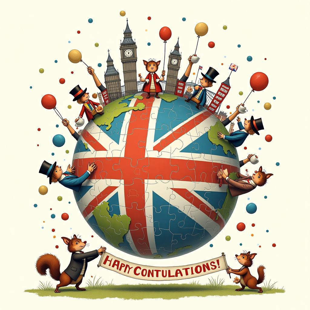In this lively and humorous scene, imagine a round, animated globe in the center of the card. The globe is composed entirely of a jigsaw puzzle, with each puzzle piece representing hands of different skin colors holding each other. This mosaic creates a rich tapestry of interconnectedness and unity. At the very heart of the globe is a vibrant Union Jack, which is seamlessly woven into the hands, symbolizing shared achievement and collaboration. 

Above this globe, a parade of tiny, anthropomorphic cartoon characters, reminiscent of Quentin Blake's whimsical style, jubilantly march around, each wearing exaggerated British attire — bowler hats, waistcoats, and monocles. They're waving tiny flags and blowing trumpets in celebration. One character is humorously trying to balance a tea cup on his head while juggling a scone and crumpet.

In the background, faint outlines of iconic landmarks like Big Ben, the Tower Bridge, and a double-decker bus subtly curve around the horizon of the globe, adding a playful nod to British culture. The sky above is speckled with floating balloons and confetti, creating a festive, cheerful chaos. 

On the ground beneath this globe, a small, cheeky squirrel (inspired by Beatrix Potter's animal illustrations) can be seen tugging on the end of a large banner that reads "Congratulations!" in bold, swirling letters, giving the impression that the banner is slightly too heavy for the squirrel. The overall scene is an eclectic, joyful homage to global unity and British flair, capturing the essence of the achievement being celebrated.
Generated with these themes: A Union Jack at the centre of a world globe made up of hands of different skin colours .
Made with ❤️ by AI.