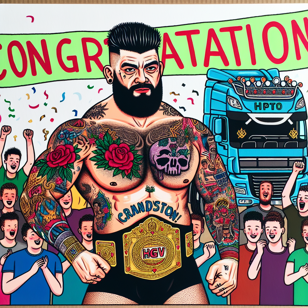 A vibrant illustration features a heavily tattooed, athletic wrestler in the ring, wearing typical wrestling attire, surrounded by cheering fans of various descents and genders holding giant 'Congratulations!' banners. In the background, a HGV truck is adorned with a championship belt, implying the recipient has conquered a significant challenge, akin to a wrestling champion. The wrestler sports dark hair styled in a slicked back manner.
Generated with these themes: Wrestling, CM Punk, and HGV .
Made with ❤️ by AI.