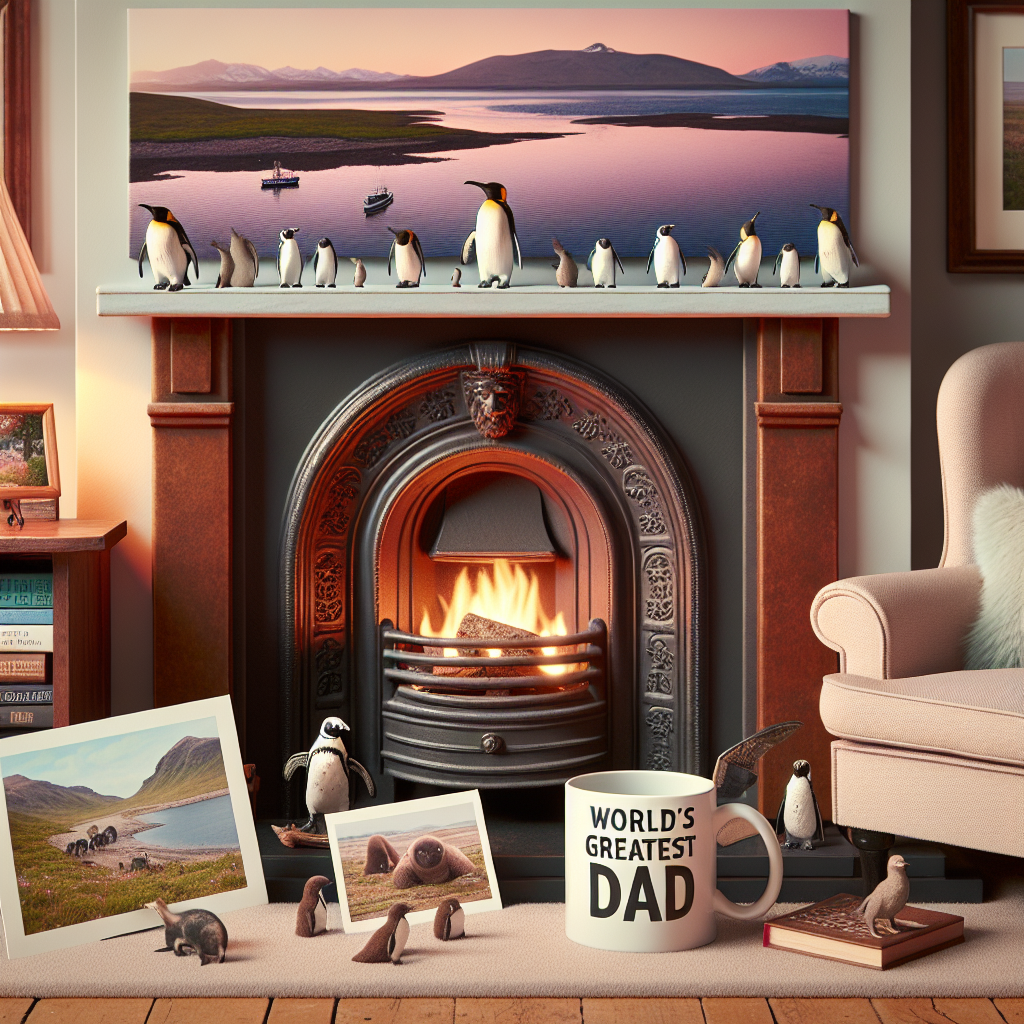 Visualise a charming living room with a Father's Day theme. The room should be warm and inviting, with a lit fireplace creating an alluring ambiance. On the fireplace mantle, arrange a collection of miniatures depicting Falkland Island penguins, next to a photo frame of picturesque island landscapes, evoking an adventurous spirit. Adjacent to the fireplace, place a plush armchair with a small table beside it. The table should hold a 'World's Greatest Dad' mug and an open book about the wild inhabitants of the Falkland Islands, suggesting the dad's interest in nature and wildlife.
Generated with these themes: Falkland island.
Made with ❤️ by AI.
