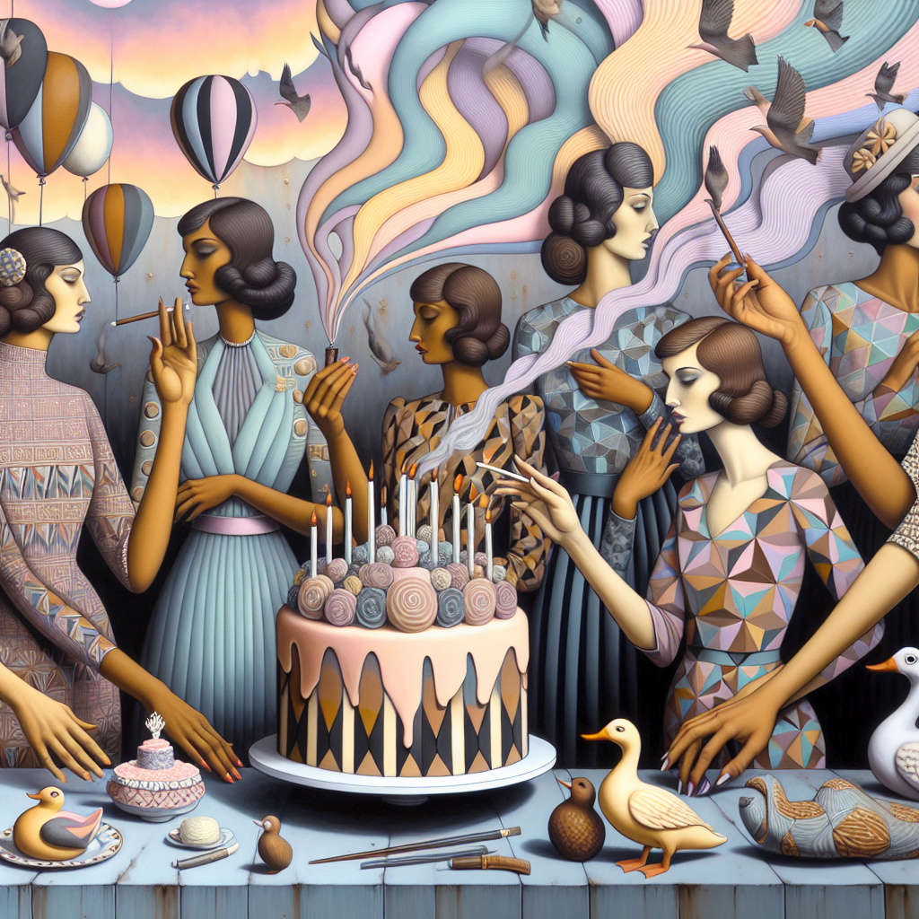 A whimsical scene unfolds where elegantly dressed women of diverse descents, adorned with geometric patterns reminiscent of mid-century textiles, are gathered around a lavishly frosted cake. Their slender hands, showcasing a variety of skintones, hold delicate brown cigarettes, emitting mystical spirals of pastel smoke that curl towards the sky. In the background, a collection of ceramic ducks appears to be launching from the wall, wings spread wide, merging into a sky painted with an unusual blend of sunset colors and celebratory balloons.
Generated with these themes: Orla Kiely, Ladies smoking brown cigarettes, and Flying ceramic ducks.
Made with ❤️ by AI.
