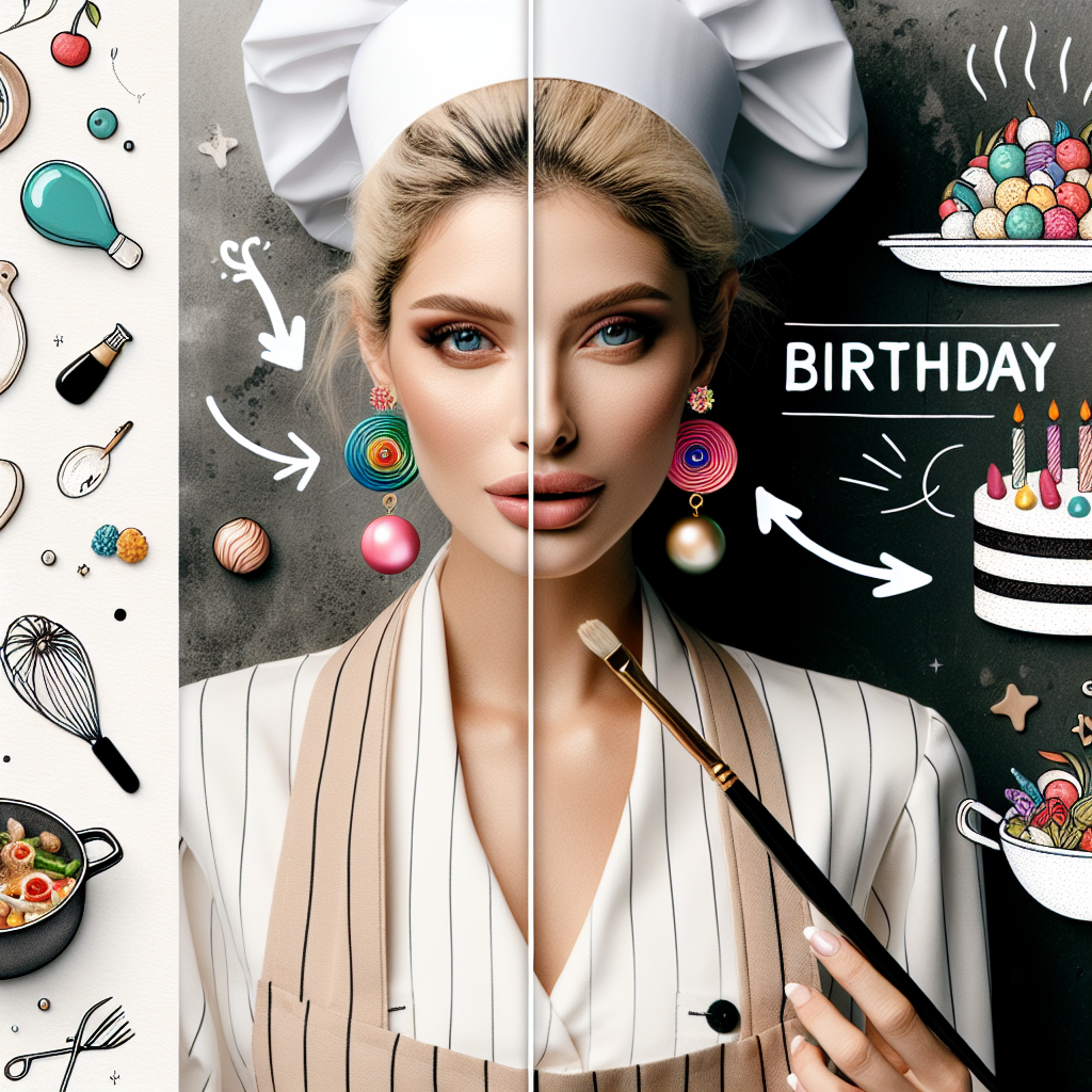 Create a captivating image with birthday elements, led by a Caucasian female chef with blonde hair, a twinkle in her eye, and unique colorful earrings symbolizing her culinary journey. She wears a stylish chef's uniform, exuding her passion as she cooks nouveau cuisine. Various whimsical decorations surround her, with meticulously crafted dishes dotted around her, each one demonstrating her culinary expertise.
Generated with these themes: Blonde chef who loves to cook novelle cuisine food, loves eclectic earings.
Made with ❤️ by AI.
