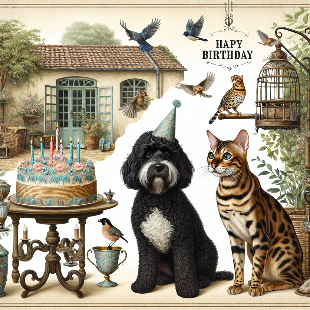 Create a charming birthday-themed illustration where a black Cockapoo dog with a distinctive white chest and a sleek Bengal cat are celebrating. Set the scene within an old-fashioned courtyard filled with antique pieces serving as ornamental party decor. They're playfully interacting with a flock of birds gathered at an antique bird feeder in the yard. The overall vibe of the image should be a harmonious blend of nostalgia and nature.
Generated with these themes: Black cockerpoo white chest, Bengal cat, Feeding birds, and Antiques.
Made with ❤️ by AI.
