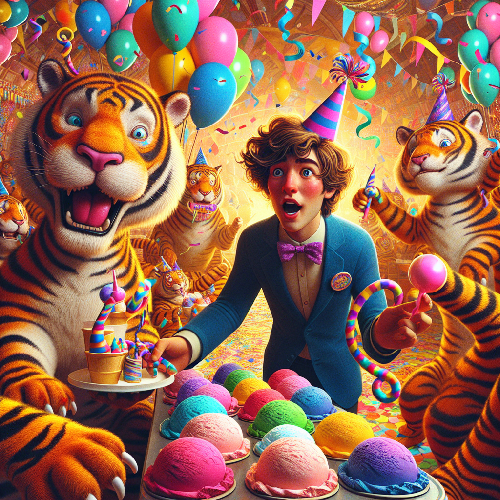 Imagine a whimsical birthday setting with vibrant, exaggerated decorations. At the center, a wavy-haired young man, wearing a party hat and expressing comedic surprise, serves scoops of colorful ice cream. Around him, whimsical tigers, with spots and stripes of animated colors, have party blowers in their mouths, dancing playfully. The background bustles with balloons and confetti shower, emphasizing a joyous atmosphere reminiscent of a cartoon-like celebration.
Generated with these themes: Steve harrington,  ice-cream,  tigers.
Made with ❤️ by AI.