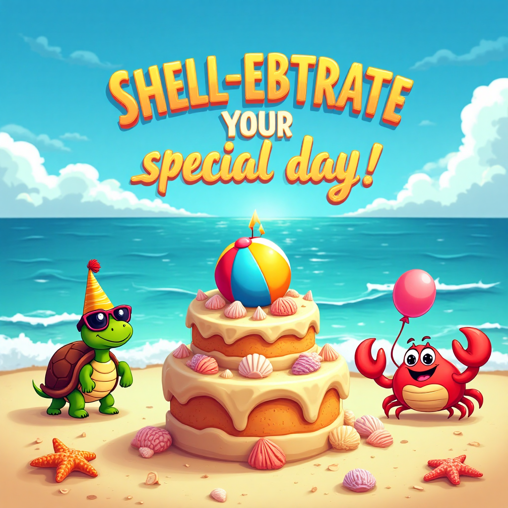 Beach, sea shells, birthday cake, and Birthday Card