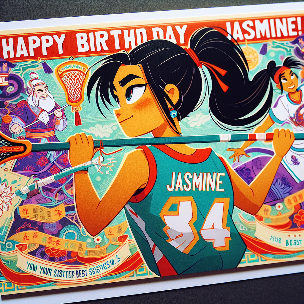 Happy Birthday Jasmine!, Best sister, Cambridge, Lacrosse, Team captain, Sporty, and Half-Chinese Birthday Card