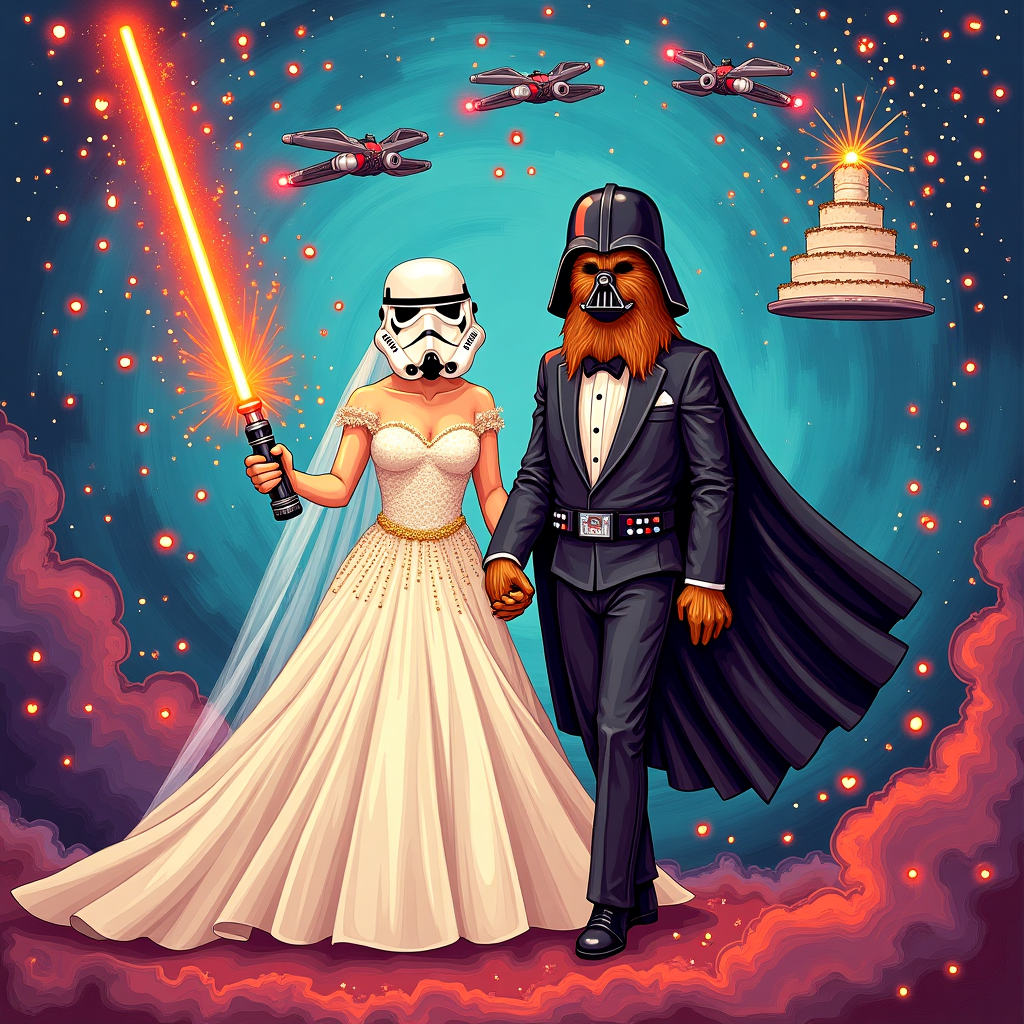 **Prompt:**  
At the top of the abstract image, "Alie & Griffin — May the Matrimony Be With You!"  

An abstract, vibrant composition bursting with cosmic colors and whimsical energy — think swirling nebulas of soft pastels and starlit speckles forming the vague outline of a lightsaber and veil-clad Stormtrooper arm in arm with a tuxedo-wearing Wookiee. Darth Vader’s helmet subtly morphs into a tiered wedding cake, with sparkler-lit X-Wings flying around it like joyful confetti. Hidden among the shapes are floating rings that double as Death Stars and love-hearts with little rebel alliance logos. A mix of geometric abstraction and galactic chaos, with layered textures to mimic stars, fabrics, and sci-fi machinery—fused into a joyful, cosmic celebration of weirdly-wonderful love.
Generated with these themes: Star wars.
Made with ❤️ by AI.