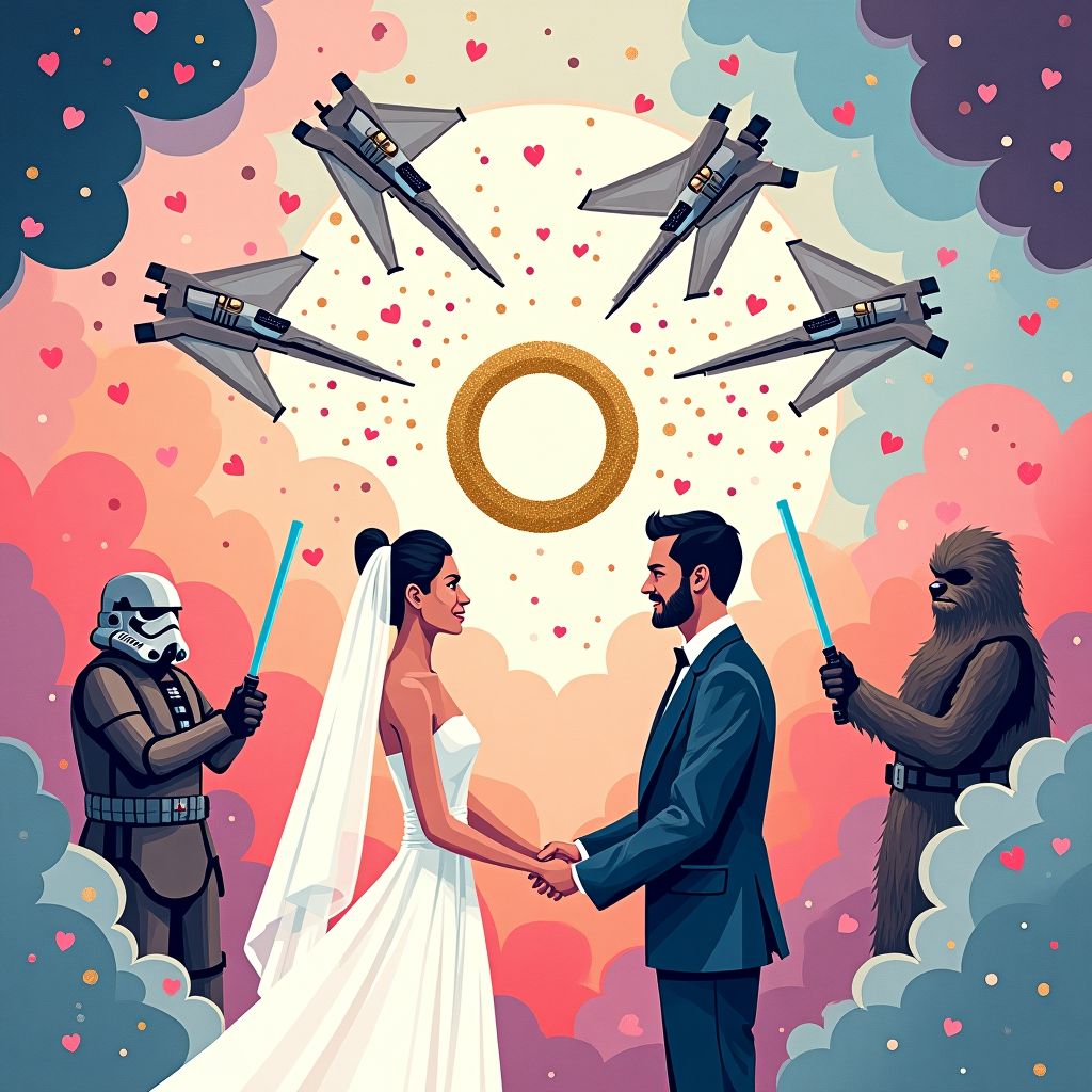 At the top of the abstract image, “May the Vows Be With You, Alie & Griffin!”

Prompt for image creation:  
Create an abstract, whimsical Star Wars-themed image with a humorous wedding twist. Incorporate stylized silhouettes or abstract shapes that hint at iconic Star Wars elements—lightsabers crossing like a unity ceremony, a droid and a Wookiee tossing confetti, and two starships joined by a glittery golden ring orbiting around them. Blend cosmic swirls, pastel stardust, and bold, vibrant shapes to evoke celebration in a galactic setting. Let the colors be bright and festive, with pops of light blues, pinks, purples, and gold. Include playful touches like floating hearts in the shape of X-Wings, and stormtrooper helmets scattered like wedding rice. The mood should be joyfully chaotic—love meets lightspeed.
Generated with these themes: Star wars.
Made with ❤️ by AI.