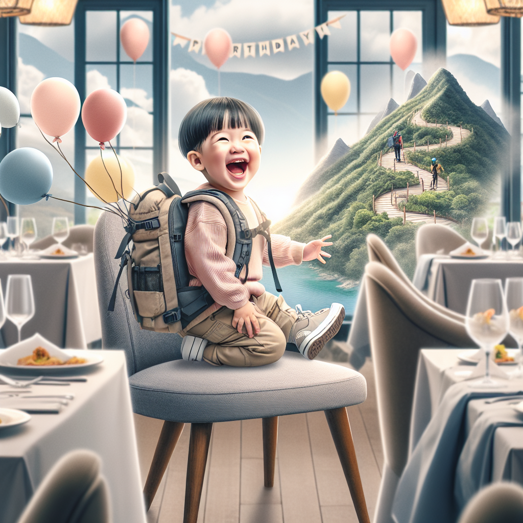 Create a heartwarming birthday-themed illustration where a cheerful Asian toddler is the focal point. They are pictured giggling happily in the comfort of an upscale restaurant, artistically transformed into an endearing scene of nature - a hiker's paradise. To emphasize the toddler's fondness for hiking, visualize them with a diminutive backpack seating comfortably on a restaurant chair ingeniously metamorphosed into a mountain. The extravagant interior is toned down using soft-hued balloons floating about and a birthday banner to lend an air of celebration and festivity to the scene.
Generated with these themes: Fancy restaurants, our toddler, hiking.
Made with ❤️ by AI.