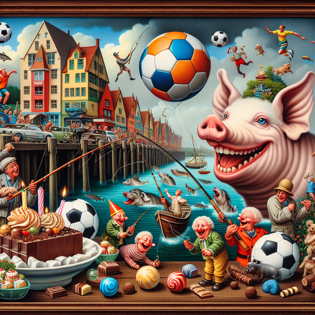 A picture-perfect birthday scene is set in a coastal town with celebratory elements such as a sumptuous assortment of various chocolates. Within this setting, soccer balls are strewn about, hinting at a sports theme. Surreal stylized pigs that appear to be on fire, yet joyous in their expressions, become the unusual highlight. On the edges, characters are playfully illustrated, fishing rods in hand, humorously 'catching' eager dogs that are leashed at the other end. Hilarity ensues as a unidentified but familiar smiling male figure is depicted, surrounded by oversized speakers, comically stood on by grinning dwarfs, who are reveling in the festive atmosphere of this imaginative and whimsical illustration.
Generated with these themes: Grimsby, chocolate, soccer,  pigs on fire, people fishing for dogs, kevib spacey, big speakers on top of midgets.
Made with ❤️ by AI.