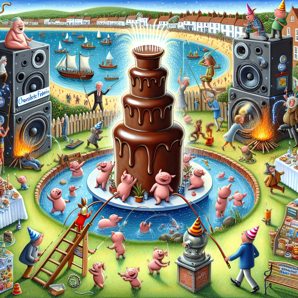 An endearing birthday illustration portrays the charming surroundings of a typical small English coastal town. Elements such as a chocolate fountain centerpiece take center stage. Adding a touch of whimsy, animated pigs wearing tiny firefighter helmets are depicted playfully retreating from gentle flames. Nearby, a variety of jovial humanoid figures engage in a novel pastime—fishing for jubilant cartoon dogs that leap from a gleaming cerulean lake. In the backdrop, a party-goer who is a caricature of a popular Hollywood actor, wearing a party hat, stands amidst towering speakers, from which musical notes seem to leap and cavort. Adding to the festive atmosphere, joyful little characters support the gigantic speakers, seemingly reveling in the rhythmic pulses at the celebration.
Generated with these themes: Grimsby, chocolate, soccer,  pigs on fire, people fishing for dogs, kevib spacey, big speakers on top of midgets.
Made with ❤️ by AI.