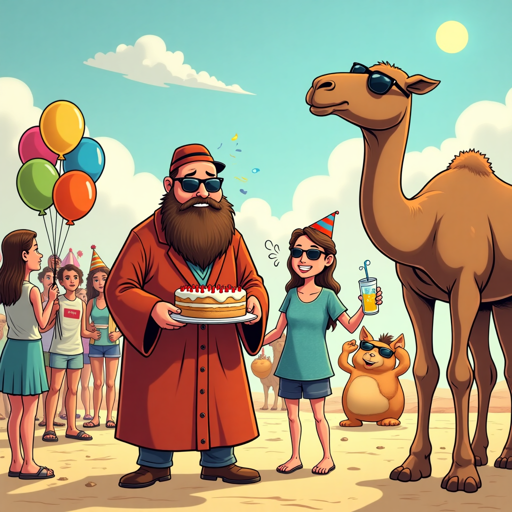 At the top of the cartoon image: "Naomi, hope your birthday is hotter than a Rabbi in wool robes at a hummus cook-off!"

**Image Prompt:**  
A cheerful, cartoon-style scene set in the middle of a bustling outdoor birthday party in a desert setting. Front and center is a hilariously "hot" rabbi — not hot as in attractive (though he has undeniable swag), but sweating buckets, his bushy beard frizzing, face flushed bright red. He's wearing full ceremonial garb (robes, tallit, yarmulke), clearly overheating as he fans himself with a gefilte fish cookbook. His sunglasses slide down his nose, and beside him, a party-goer holds up a birthday cake that’s literally melting in the sun. Around him are birthday decorations like balloons shaped like menorahs, party guests in kippahs holding water balloons, and a camel in the background wearing a party hat and sipping lemonade. The overall color scheme is warm, vibrant, and slightly absurd, with exaggerated facial expressions and silly little details like challah bread wearing tiny sunglasses.
Generated with these themes: hot rabbi.
Made with ❤️ by AI.