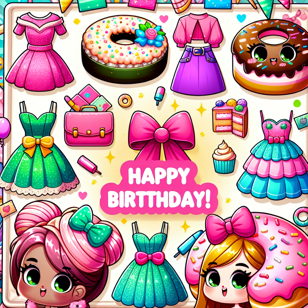 Create an image of an enchanting cartoon birthday world where charming animated dresses accessorized with bows and stylish pocketbooks are the main characters. These cartoon characters interact in a festive environment. Among them, there are cartoon sushi rolls and donuts covered in icing and sprinkles, adding a foodie feel to the mood. The background showcases an array of vibrant party elements such as balloons, confetti, and a banner displaying the words 'Happy Birthday!'
Generated with these themes: Fashion, Bags, and Food.
Made with ❤️ by AI.