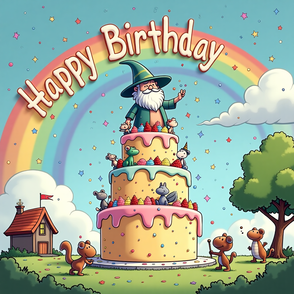 In this whimsical birthday scene, we find a Chibi Gandalf, the beloved wizard, with his iconic tall hat and flowing white beard, transformed into an adorably pint-sized character. He stands atop a giant birthday cake, which is decorated with pastel-colored icing swirls and a sprinkling of glittery stars that resemble the night sky. The cake is multi-tiered, each layer featuring a different flavor depicted through playful illustrations—chocolate fudge, strawberry swirl, and lemon meringue, complete with little flavor indicators drawn on small flags.

Surrounding Chibi Gandalf are a cast of playful creatures inspired by the cartoonist greats: a smiling cartoon dragon akin to something from a Calvin and Hobbes strip, a mischievous sprite reminiscent of Schulz’s Snoopy, and a pair of Astro Boy-inspired robot mice. They're all busy tossing colorful confetti into the air, which gently rains down like a sparkling shower. 

In the sky above, fluffy clouds form the name "Duna" in a font reminiscent of a Disney movie title, creating a skywriting effect. A rainbow arches across the scene, with one end disappearing behind the towering cake, while the other end lands on a cartoonish tree house styled like something from The Far Side, complete with quirky windows and exaggerated proportions.

In the foreground, a comic strip-style banner stretches across, hanging from poles on either side, that reads "Happy Birthday" in a style reminiscent of Hergé's Tintin adventures, but with vibrant colors that pop against the backdrop. A playful cartoon squirrel, channeling the spirit of Winsor McCay's imaginative creations, peeks out from behind one of the poles, holding a tiny wizard staff of its own, mimicking Gandalf.

The scene is rich in detail, from the individual sprinkles on the cake to the patterned socks on Chibi Gandalf's tiny feet, ensuring that every element tells a piece of the story, making Duna's birthday greeting a fantastical journey.
Generated with these themes: Chibi Gandalf.
Made with ❤️ by AI.