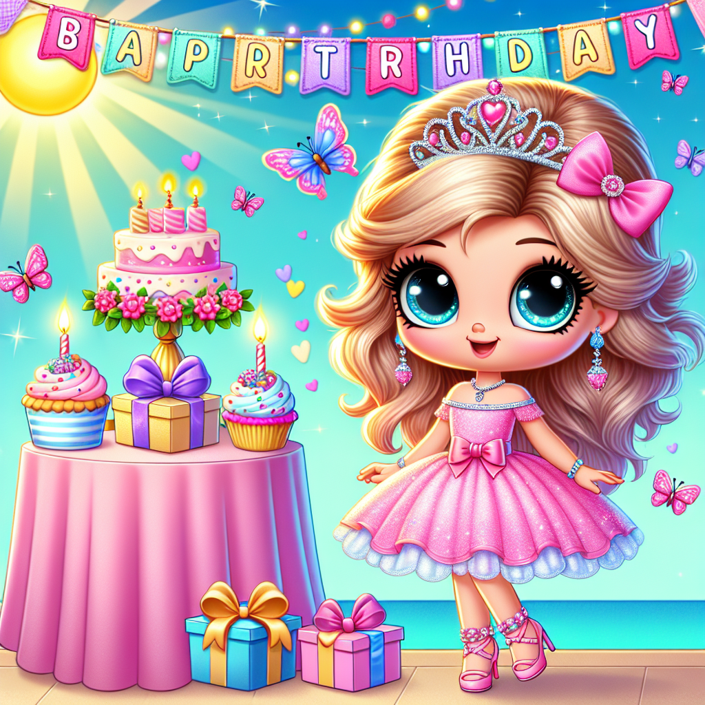 In this charming animated scene, a pretty doll character with big, sparkling eyes and a whimsical smile adorns a birthday tiara and a bubblegum pink gown. She is illustrated standing by a decorative table carrying gifts and cupcakes under a vibrant birthday banner. The environment includes joyful cartoon butterflies darting about and a radiant sun beaming from the corner of a sky-blue background.
Generated with these themes: barbie.
Made with ❤️ by AI.