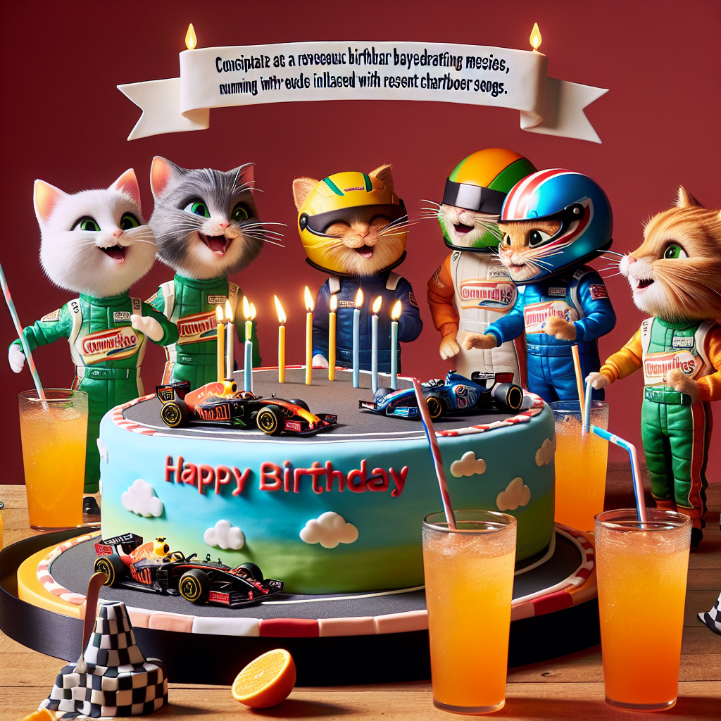 Conceptualize an ebullient and visually striking birthday scenario where endearing cats, donning miniature racing helmets, playfully pursue each other around an immense cake modeled after a renowned racetrack. The attendees delicately drink a popular orange-flavored soda whilst humming to a harmonious blend of classic birthday melodies interlaced with recent chartbuster songs, thereby creating an ambiance that perfectly intertwines musical celebration and the excitement of high-speed competition.
Generated with these themes: Cats , Formula one, Music, and Orangina.
Made with ❤️ by AI.