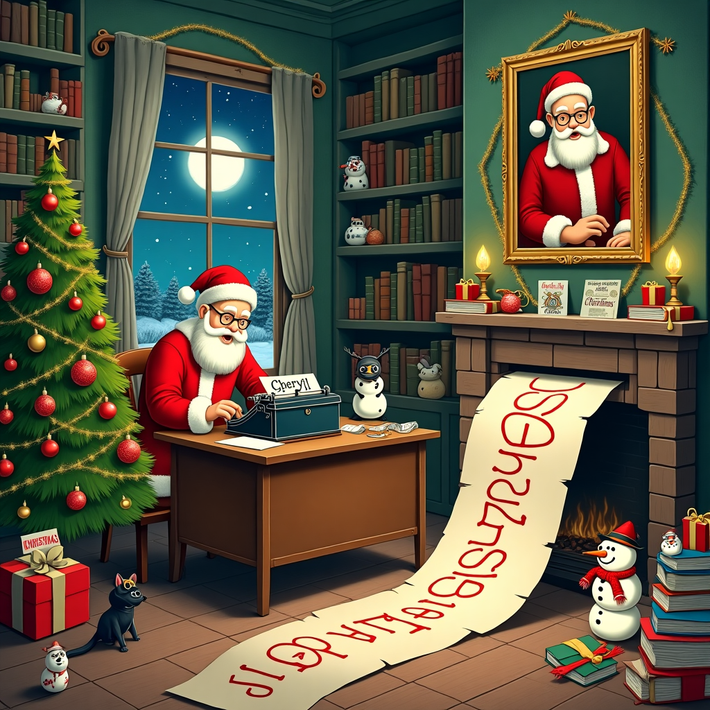 In this whimsical and amusing Christmas greeting card scene, we find ourselves inside a cozy, old-fashioned study, filled with festive holiday decorations reminiscent of a Norman Rockwell painting but with a Beardsley twist. At the center of the room, a large, antique wooden desk is adorned with a vintage typewriter clacking away by itself, producing a long sheet of paper that winds off the desk and across the floor, spelling out the name "Cheryll" in festive red and green typeface, like an enthusiastic holiday message.

The walls are lined with bookshelves crammed with dusty tomes and curious artifacts, each with little holiday lights and tiny tinsel garlands winding through the shelves. In the corner, a small Christmas tree stands proudly, its branches heavy with a mix of traditional baubles and peculiar, cybersecurity-themed ornaments: tiny padlocks, shields, and circuit boards, all glittering under the warm glow of fairy lights.

Above the fireplace, a portrait of Santa Claus dressed as a detective, complete with a magnifying glass and a deerstalker hat, hangs mischievously. He's intently examining a scroll marked "Naughty List," which humorously includes known virus names and infamous hacker pseudonyms. On the mantelpiece, a collection of Christmas cards from various holiday cybersecurity icons are displayed, such as a reindeer with night-vision goggles and an elf typing away on a laptop with 'Firewall' emblazoned on the screen.

A black cat, reminiscent of an Edward Gorey illustration, sits regally atop a stack of Christmas-themed books, wearing a tiny Santa hat, its eyes gleaming with mischief. A small dog, channeling the playful chaos of a Quentin Blake sketch, is tangled in strands of twinkling lights and tinsel, playfully tugging at the sheet of paper with Cheryll's name, causing it to dance and twist as if alive.

Peeking through a frosty window, outside the study, a snowy landscape sparkles under a full moon. Snowmen with exaggerated spyglass eyes are stationed like vigilant guards, one with a carrot-nose binoculars, looking hilariously serious in their snowy sentry duties. High above, the night sky is decorated with clouds that subtly take the form of 'binary code' numbers, paying homage to the digital world.

This intricate and entertaining scene blends holiday cheer with a playful nod to cybersecurity, ensuring Cheryll's card is a delightful, one-of-a-kind masterpiece.
Generated with these themes: Cybersecurity joke.
Made with ❤️ by AI.