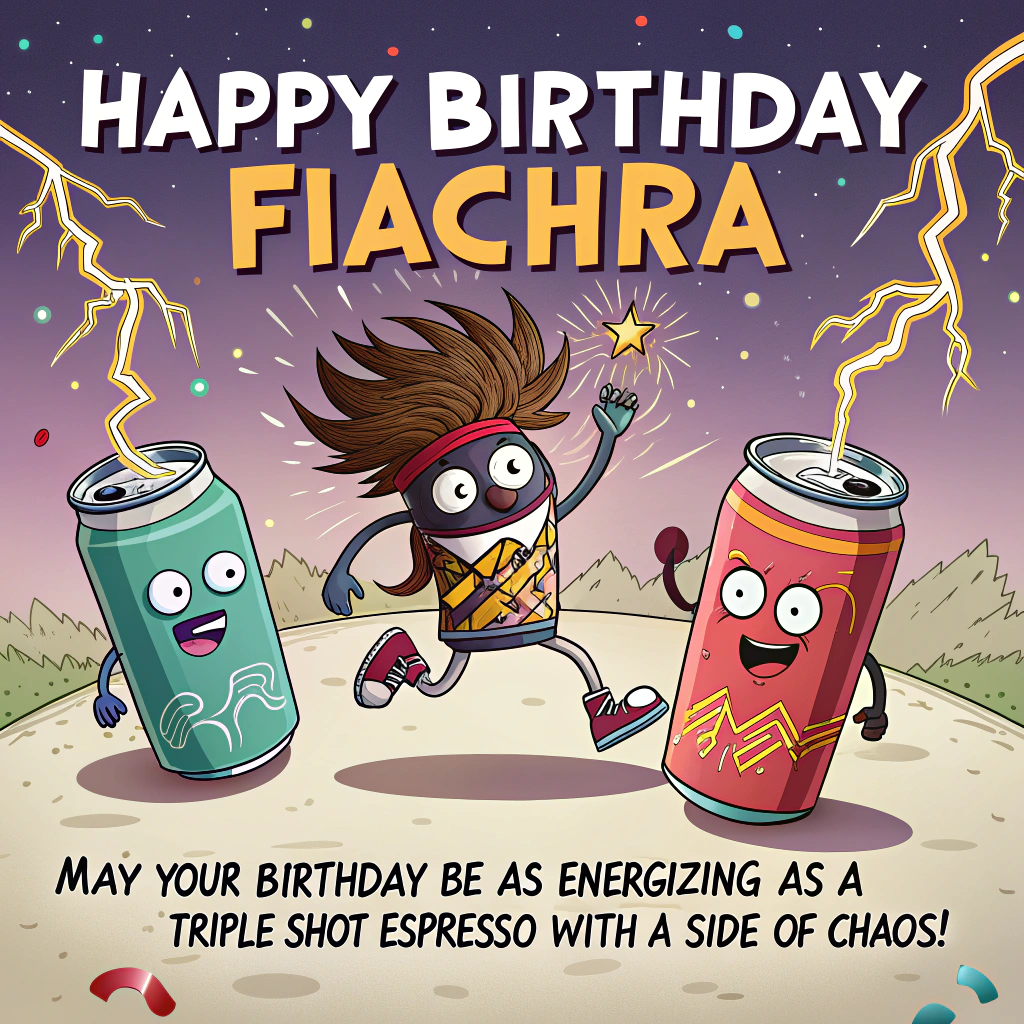 At the top of the image, "Happy Birthday Fiachra":

At the bottom of the image, "May your birthday be as energizing as a triple-shot espresso with a side of chaos!"

- In the center of the image, depict a cartoon-style, super-charged scene featuring Fiachra, with wide, wild eyes and hair standing on end, surrounded by zany, anthropomorphic energy drink cans with smiley faces. They all seem to be racing around in a fun, chaotic dance party, with confetti and lightning bolts in vibrant colors, adding an extra kick to the celebration.
Generated with these themes: Energy drinks , and .
Made with ❤️ by AI.