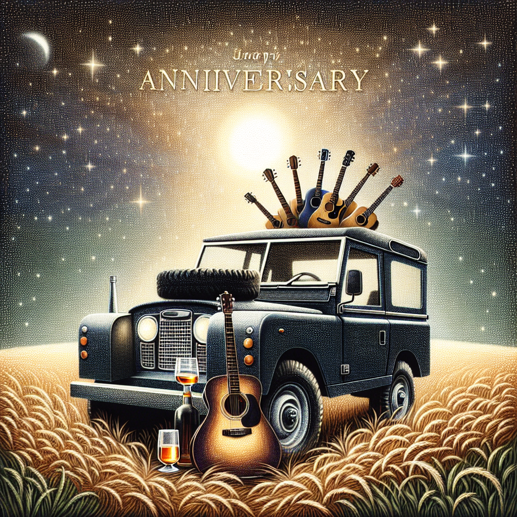 Create a delightful anniversary art piece featuring a whimsically designed Land Rover situated within a field glistening in moonlight. An array of guitars rest affectionately against the vehicle suggesting a night of melody. Sitting atop the hood is a bottle with two glasses filled with whiskey, symbolizing a celebration of love and melodious harmony beneath a star-studded sky.
Generated with these themes: Guitars, Whiskey, and Land Rover .
Made with ❤️ by AI.