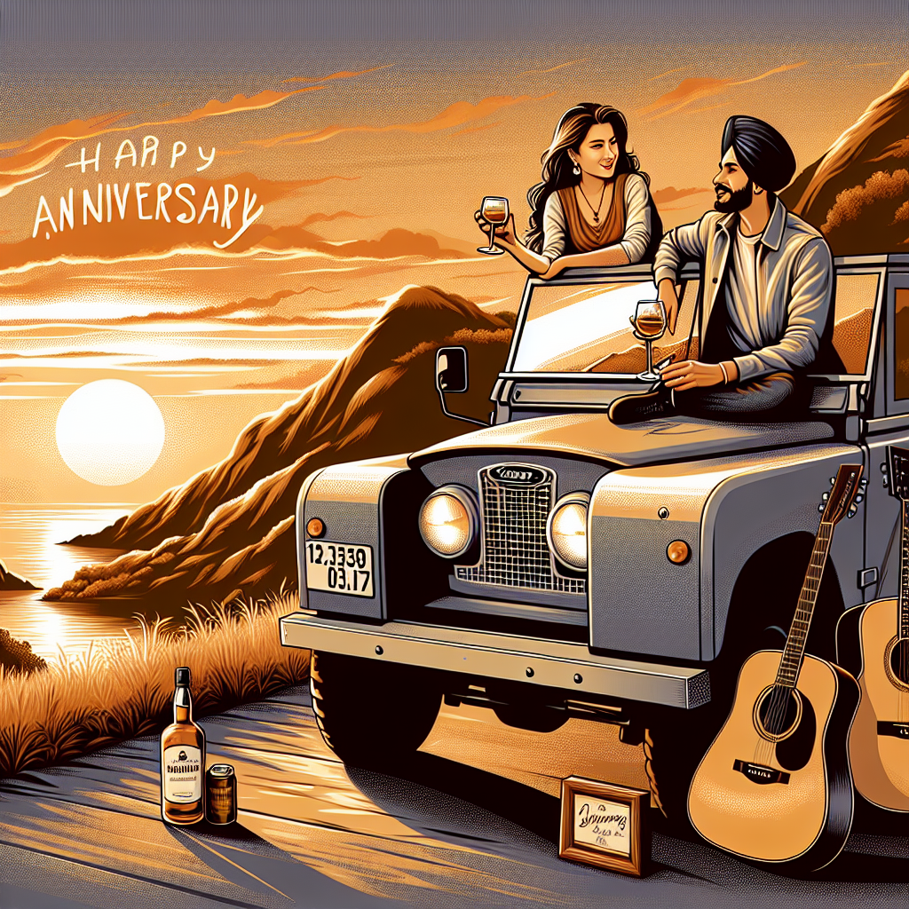 Illustrate an endearing image commemorating an anniversary. Picture a South Asian woman and a Hispanic man as the couple, comfortably seated inside an old-time Land Rover, stationed at a scenic cliff edge. They are each raising a glass of premium whiskey in a toast to their journey, while the nuances of untold stories glow in their eyes. Nearby, two acoustic guitars lean against the vehicle, inferring a serenade that might have accompanied the sunset bathing the scene in its warm, golden hues.
Generated with these themes: Guitars, Whiskey, and Land Rover .
Made with ❤️ by AI.