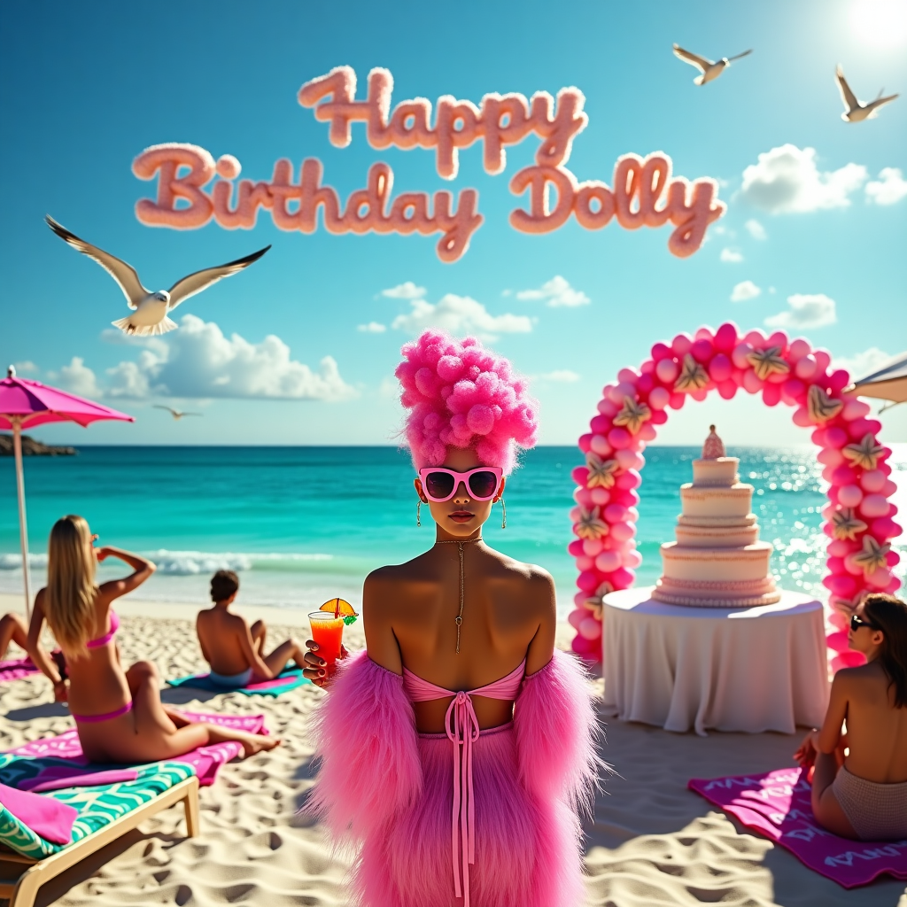 The scene is set on a sun-drenched Ibiza beach, with the turquoise sea gently lapping at the sandy shore. In the foreground, there's a lively, colorful beach party unfolding. Front and center is a vibrant woman with striking pink hair styled in an elaborate updo, reminiscent of a cotton candy tower. She is wearing oversized sunglasses shaped like flamingos and a flowy beach cover-up in dazzling neon colors that echo the hues of a tropical sunset. In her hand, she clutches a fruity cocktail adorned with a tiny umbrella and a slice of pineapple.

Surrounding her are a group of her skinny friends, some lounging on beach towels with geometric patterns, others dancing to the distant beats of a DJ booth set up nearby, where a DJ spins tracks under a rainbow-colored parasol. Balloons in all shades of pink and purple are tied to the backs of the lounge chairs, bobbing in the light breeze.

The sky is a brilliant blue, dotted with fluffy white clouds. Written across the sky in a whimsical trail of skywriting are the words "Happy Birthday Dolly," with the letters made up of soft, puffy clouds, blending beautifully with the natural clouds around them. A giant birthday cake, intricately decorated with seashells and starfish motifs, sits on a table under a decorative arch made of intertwined pink and white flowers. The arch frames the name perfectly, making it the centerpiece of the celebration. Seagulls fly overhead, seemingly part of the celebration, as the sun casts a warm, golden glow over the entire scene.
Generated with these themes: Pink hair woman skinny Ibiza.
Made with ❤️ by AI.