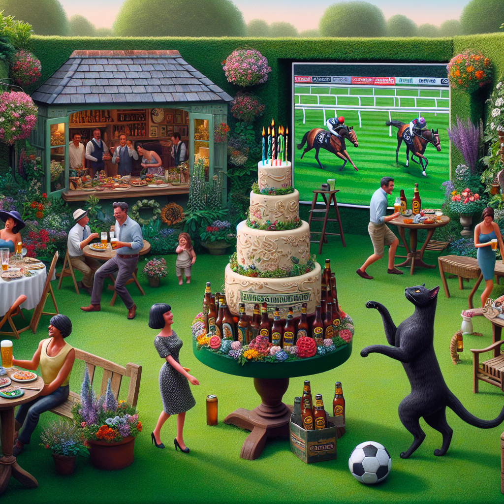 Imagine a quaint yet realistic garden birthday party setting. There are charming garden-themed decorations scattered about, adding a hint of festivity. A sleek black cat is seen playfully batting at a soccer ball near an elaborately arranged cake stand. The cake stand boasts an ornate confection adorned with candles cleverly fashioned from beer bottles and a horse racing-themed topper. Guests of different descents and genders amble through the flower-laden garden beds, cold beers firmly held in their hands. They indulge in animated discussions about various genres of music, occasionally pausing to watch the ongoing horse racing match on a screen cleverly nestled amidst the lush greenery.
Generated with these themes: Black cat, Soccer, Horse racing, Beer , Gardening, Walking , and Music.
Made with ❤️ by AI.